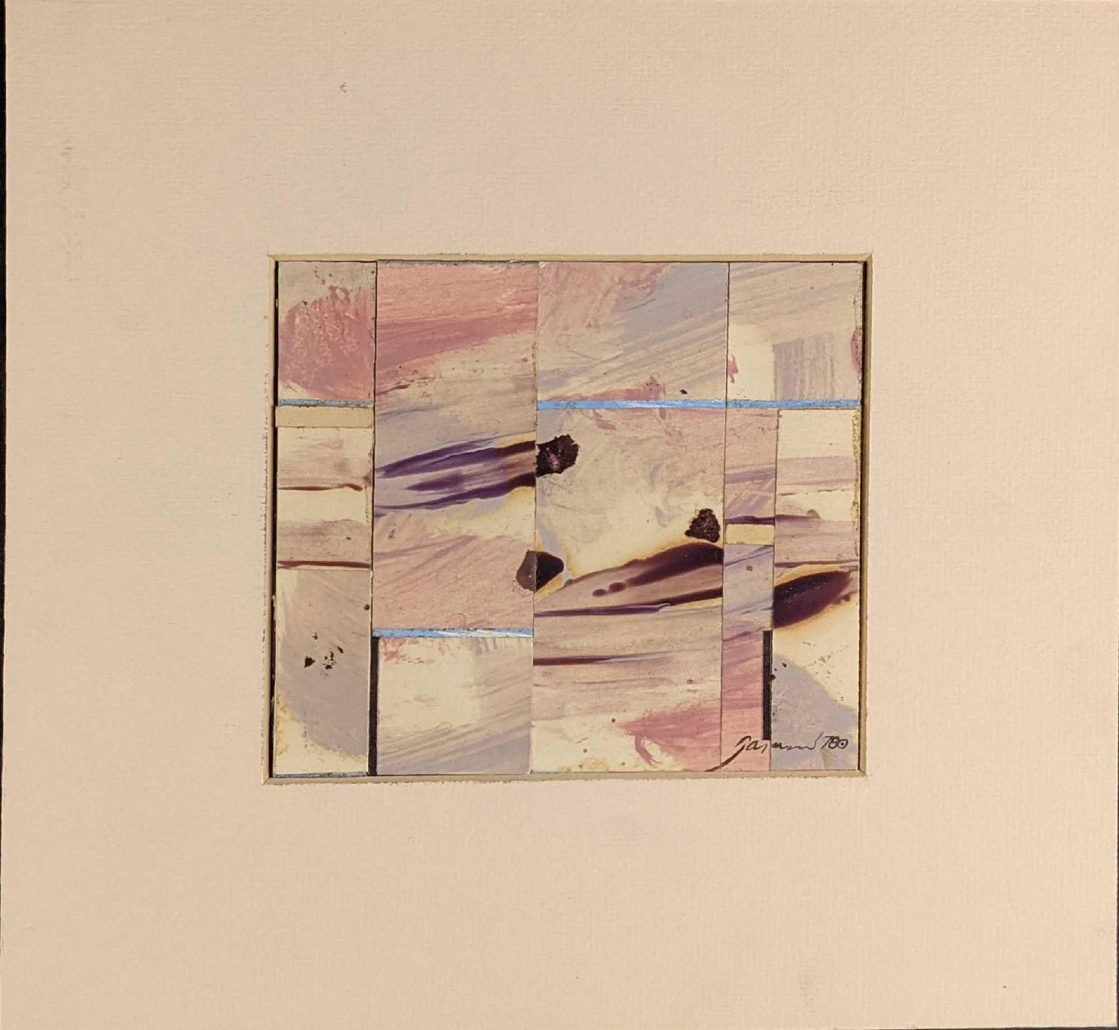 Matted Textured Acrylic Paper Panels: Here is a matted series of hand-painted acyclic paper panels. The artist signed the bottom right. It is approx 10 3/4" x 10". There is some wearing on the piece.