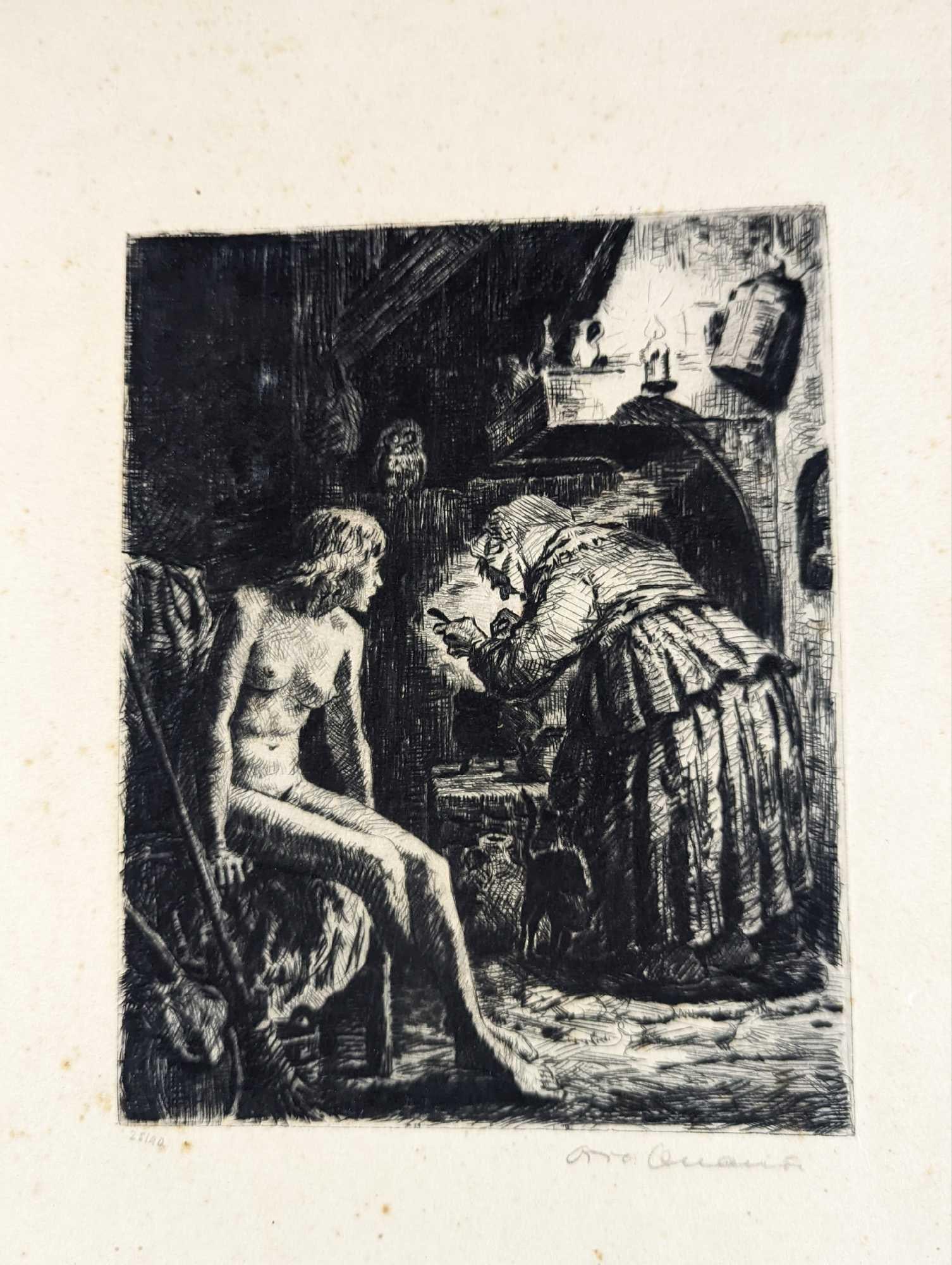 Vintage LE Woodblock Print Nude Girl With Witch: Vintage Limited Edition Woodblock Print Nude Girl With Witch. This one is #25 out of #90. This is signed by the artist on the bottom right. The full print is approx 9 1/2" x 14 1/2" and it weighs 0.02