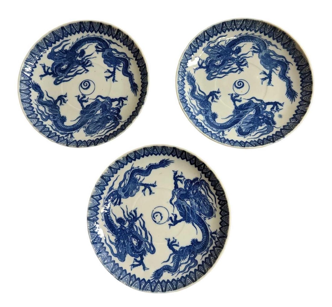 3 Vintage Japanese Dragons Live Forever 5 1/2" Plates: 3 Vintage Japanese Dragons Live Forever 5 1/2" Plates. Each Porcelain plate is approx 5 1/2" and together they weigh 0.82lb. The plates are in good, vintage condition with some light wear, faded 