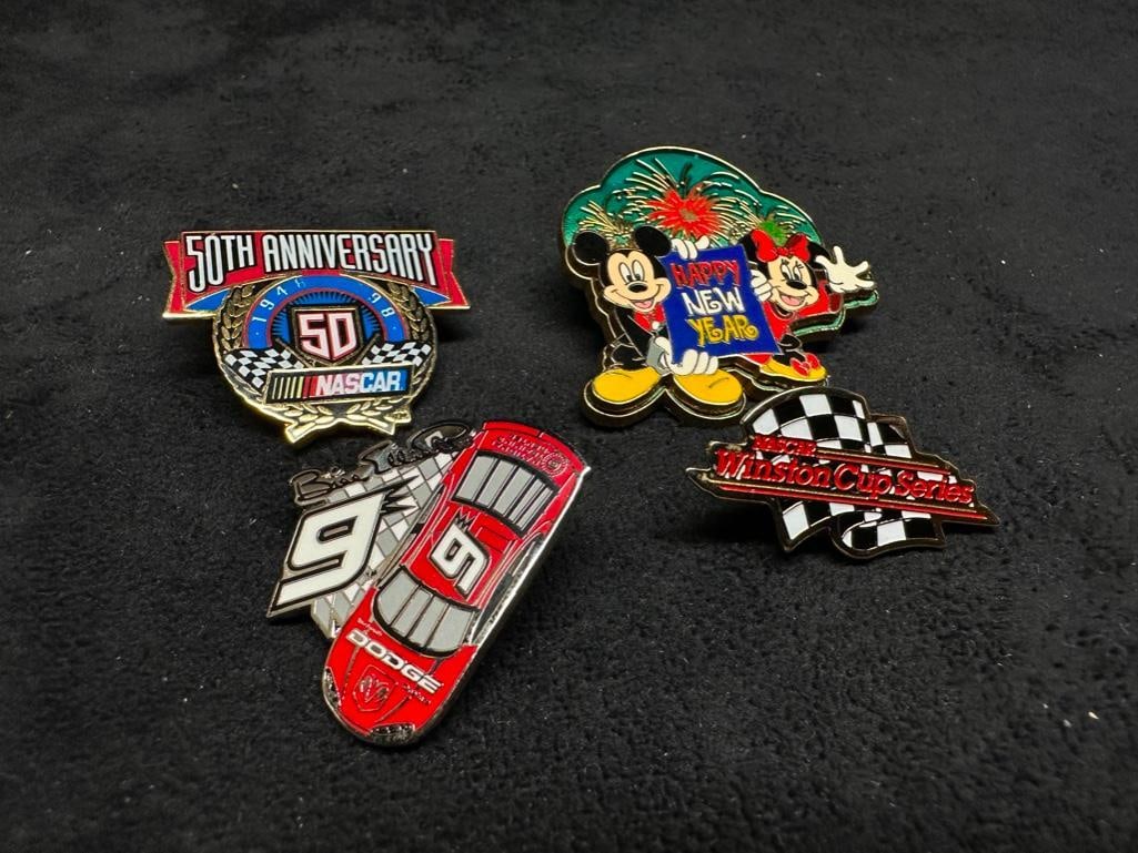Lot of 4 Vintage Pins, NASCAR & Disney: Lot of 4 Vintage Pins, NASCAR & Disney 4 vinatge pins, 3 NASCAR and 1 Disney pin. In good condition with some wear on the numbers on the 50th Anniversary NASCAR pin. Approximate size: 3" x 2&#