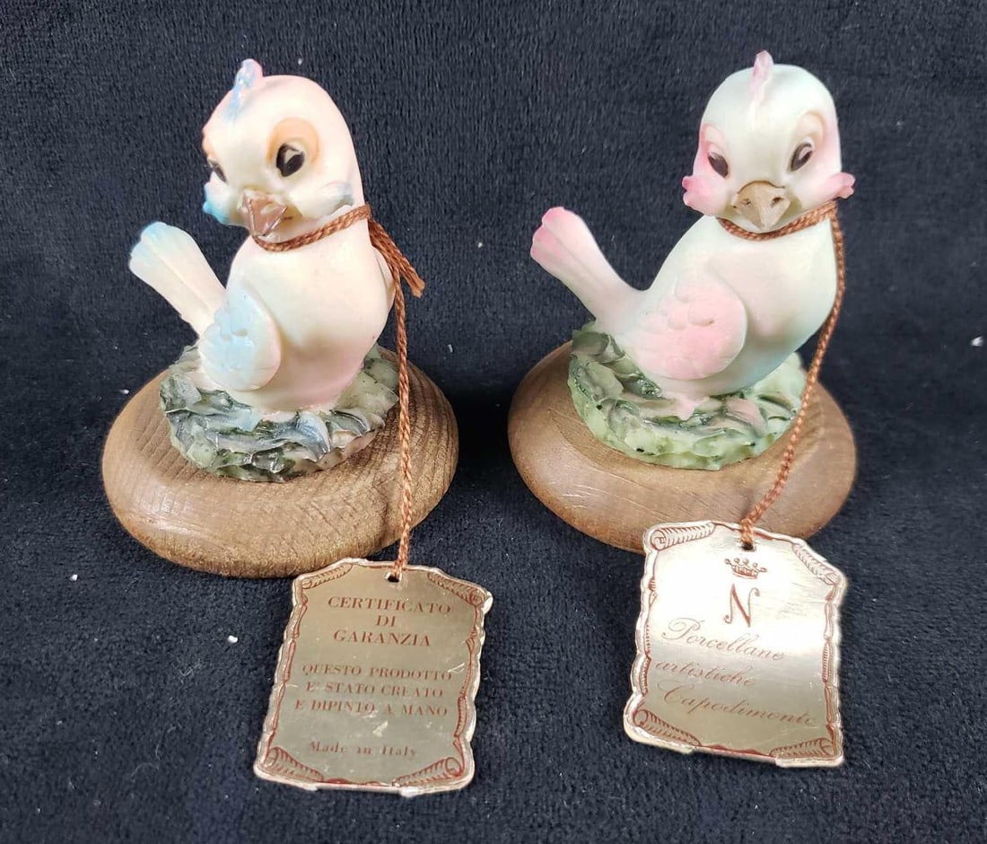 2 Porcellane Artistiche Capodimonte Bird Figurines: 2 Porcellane Artistiche Capodimonte Bird Figurines. These bird figurines are in very good condition. They have tags with the manufacturer name (Capodimonte) and the place of origin (Italy). One is blu