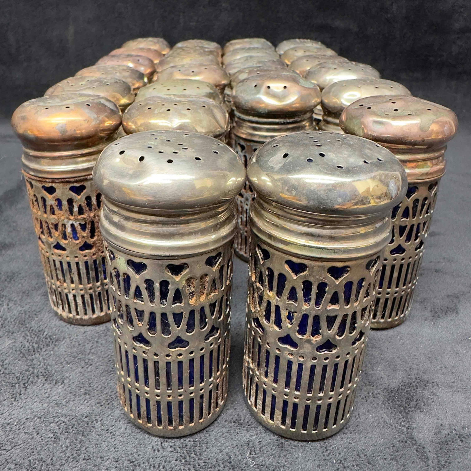 Antique Blue Cobalt Glass Silvered Silver Plated Salt and Pepper Shakers Lot of 25 UK Pat No 1014132 (1 of 14)