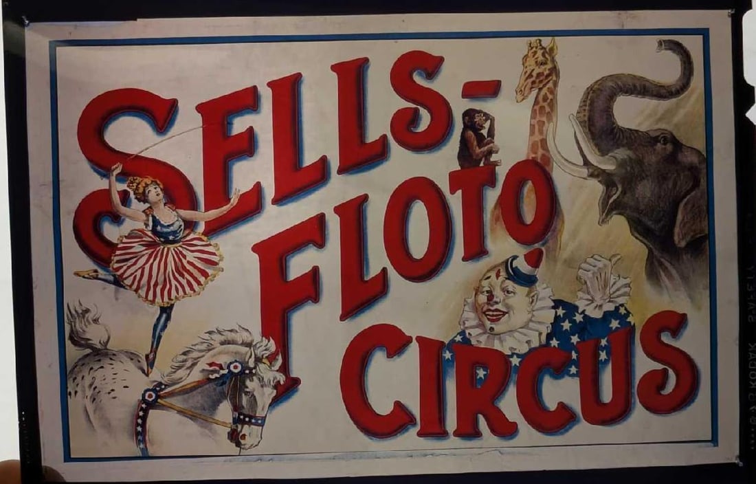 Kodak Transparent 4 X 5 Sells Floto Circus: Kodak Transparent 4 X 5 Sells Floto Circus. Here is a 4" x 5" Kodak Transparent of a vintage "Sells-Floto Circus" with images of clown, animals and more. This could be made into prints with the right 