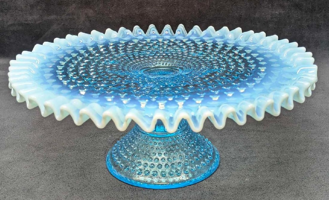 Vintage Fenton Blue Opalescent Hobnail Glass Cake Pedestal Plate (1 of 9)