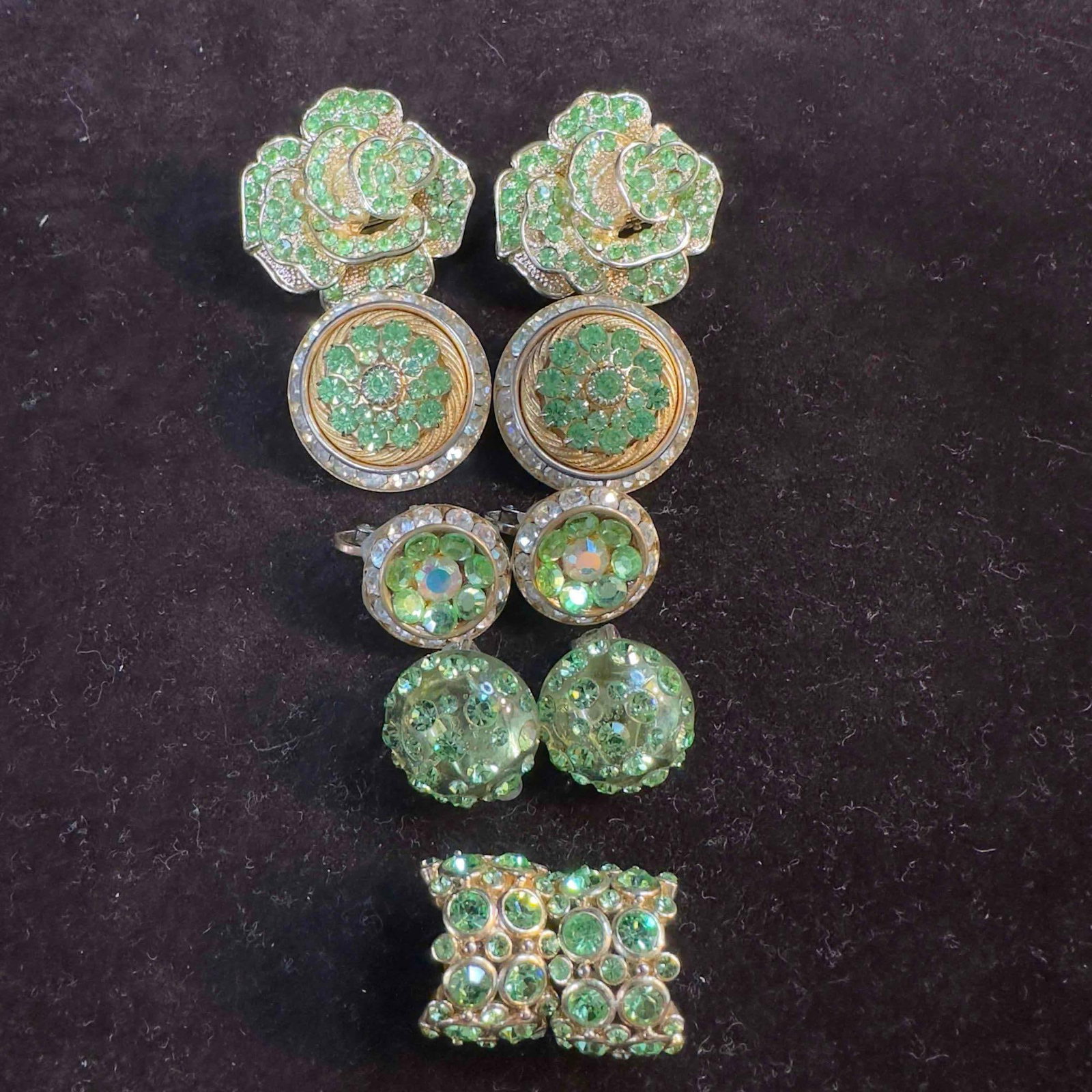 Costume Jewelry Gold Toned Green Rhinestone Earring Set Lot of Ten 10 Earrings (1 of 15)