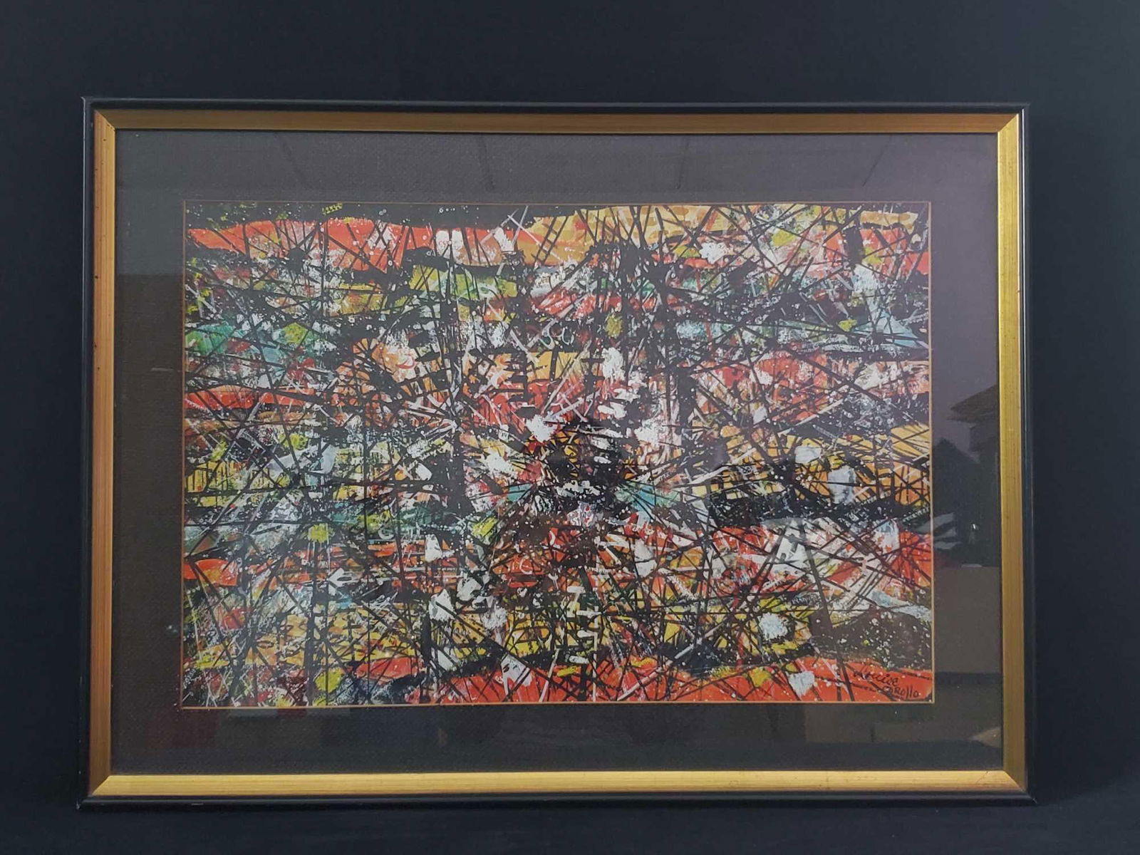 Framed Original Mixed Media Acrylic Louise Carollo: Original mixed media/acrylic by Louise Carollo. Original is an gestural abstraction with green, red, yellow and other colors thrown in together to make an painting that will stand out on your wall. Im