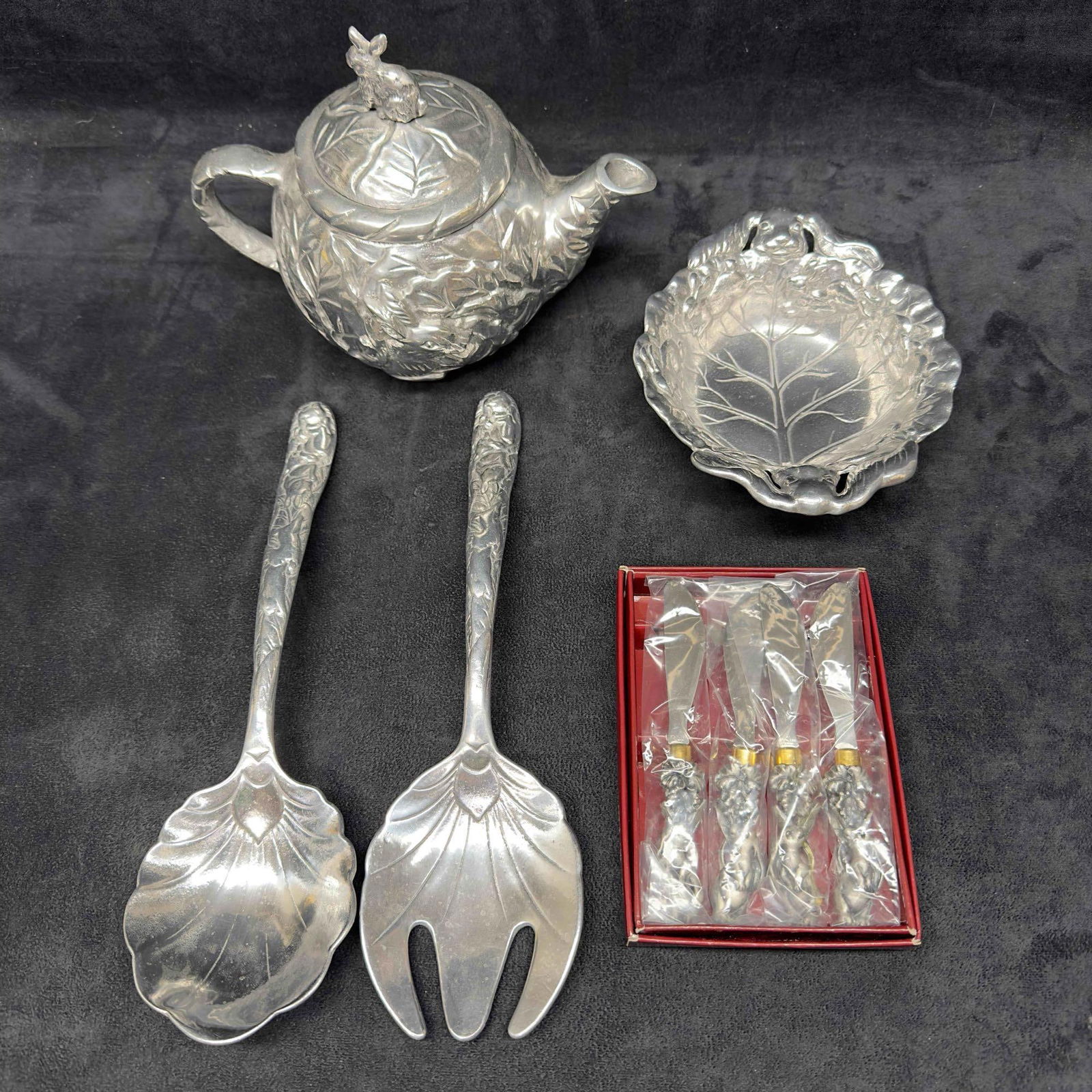 Arthur Court Cast Aluminum Rabbit Bunny Collection Tea Pot Bowl Serving Utensils Butter Knives Set (1 of 13)