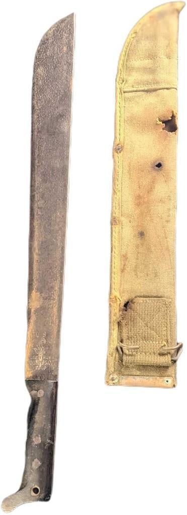 1945 U.S. Legitimus Collins & Co. Machete With Fabric Sheath: 1945 U.S. Legitimus Collins & Co. Machete With Fabric Sheath. Is approx 3" x 1" x 24" and weighs 1.78lbs. The sheath and machete are in a good, vintage condition with surface rust and a chip on the ma