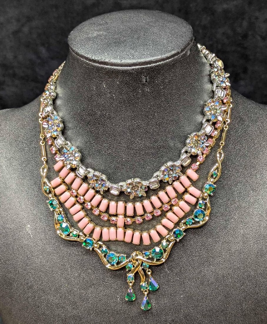 Vintage Lisner Coro And Unmarked Rhinestone AB Crystals Necklace Lot Of 3: Vintage Lisner Coro And Unmarked Rhinestone AB Crystals Necklace Lot Of 3. This lot includes: (1) Lisner Silver Tone Rhinestone Necklace. This is approx 3/4" x 17" x 1/4". (1) Coro Gold T