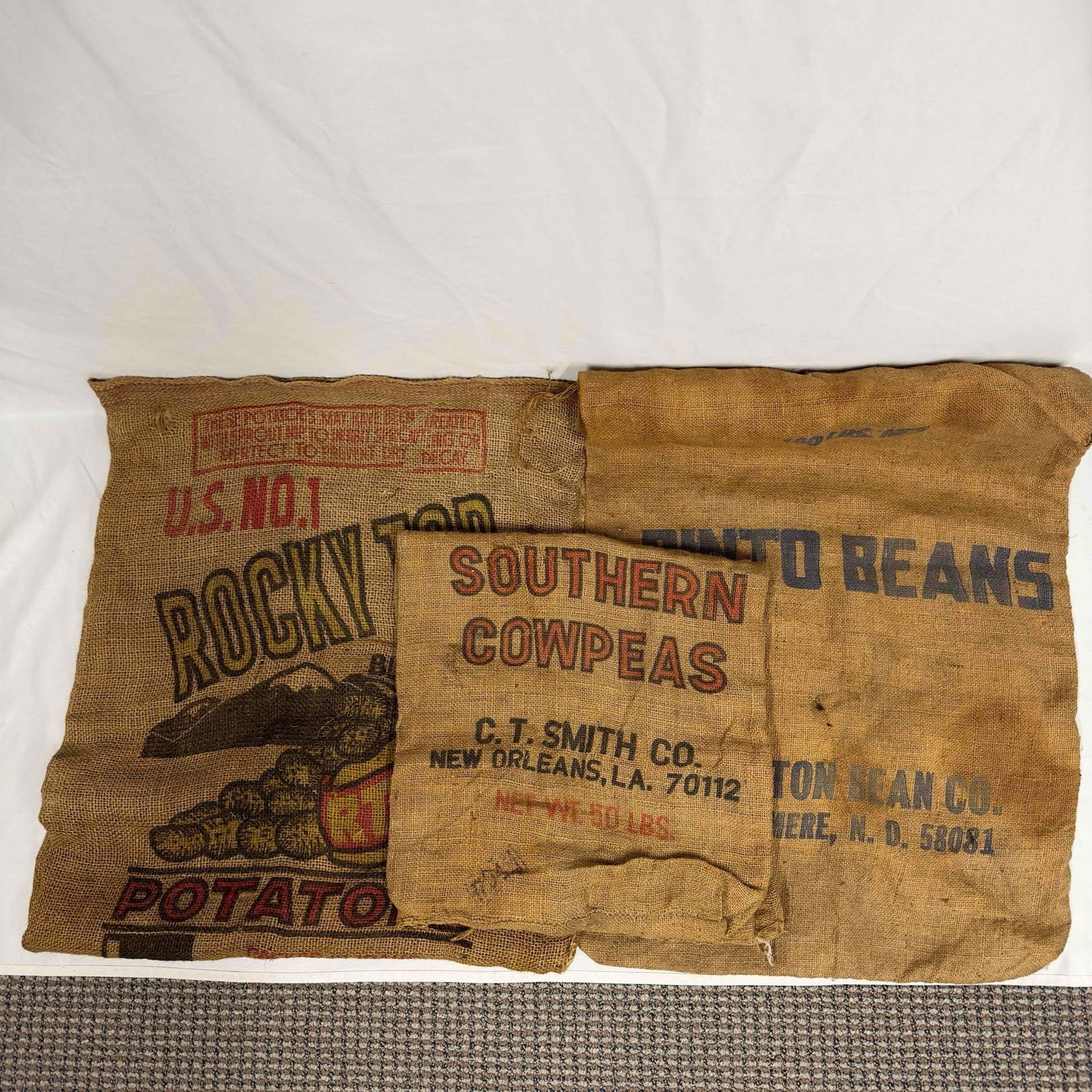 Vintage Burlap Feed Seed Potato Bean Sack Bag Collection Food Advertisement Bags Lot of Three (1 of 7)