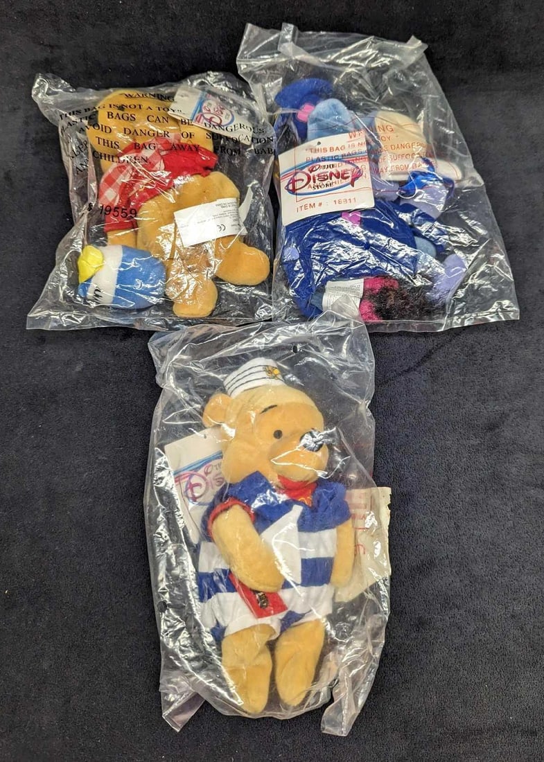 3 Sealed Disney Winnie The Pooh Bean Bag Dolls: 3 Sealed Disney Winnie The Pooh Bean Bag Dolls B. This lot includes: (1) Sealed Graduation Eeyore Bean Bag Doll. (1) Sealed Picnic Pooh Bean Bag Doll. (1) Nautical Pooh Bean Bag Doll.<