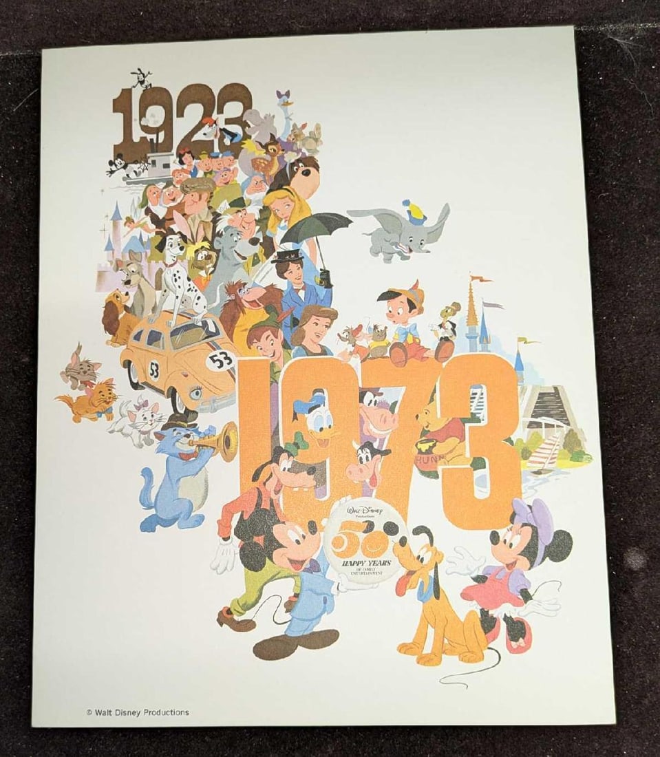 Vintage Disney Productions 50 Year Fan Club Print C: Vintage Disney Productions 50 Year Fan Club Print C. Vintage Walt Disney Productions 50 year (1923-73) Fan Club Promotional Print. This print is from the Fan Club Department at Disney Studios in 
