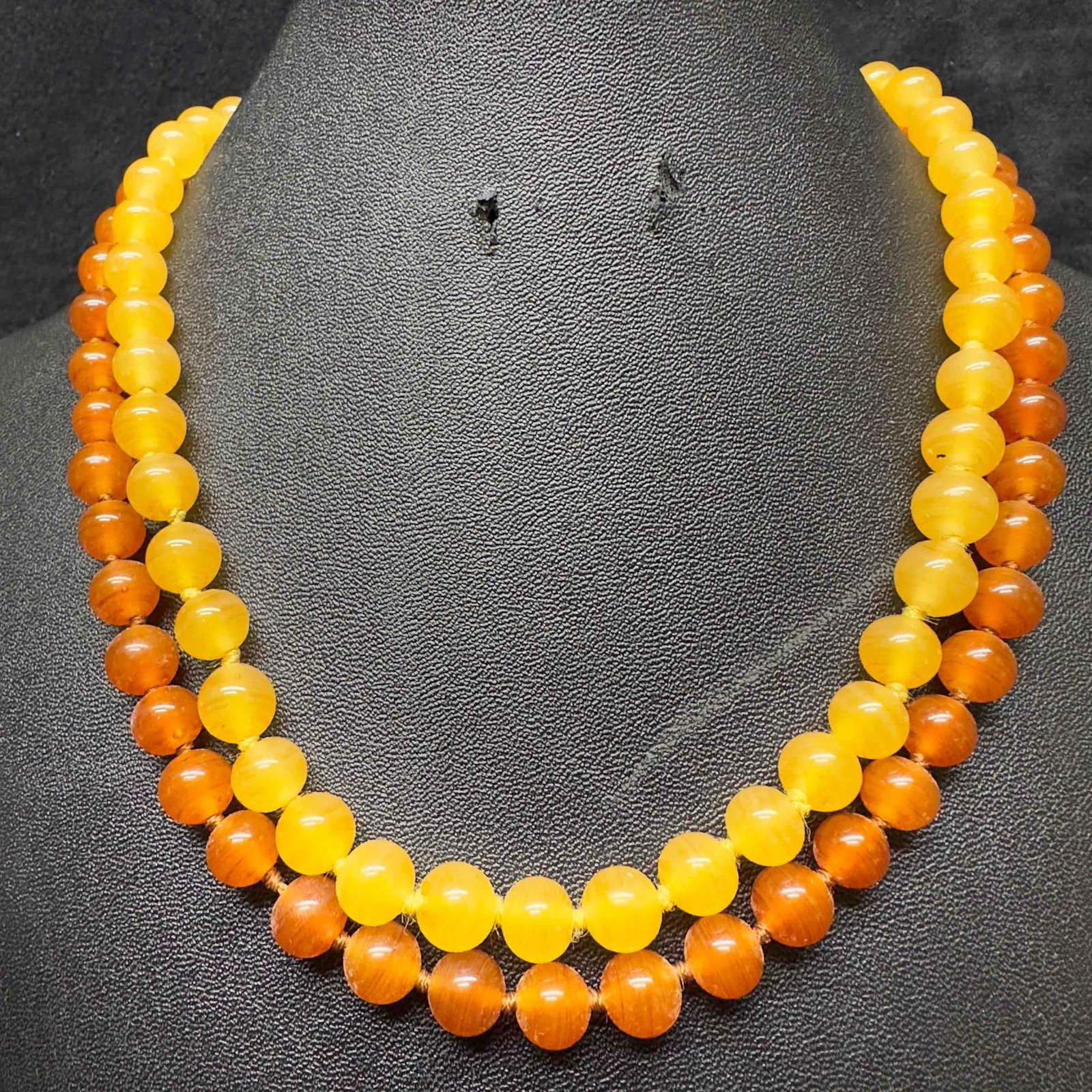 Butterscotch Colored Yellow and Amber Glass Round Bead Double Layered Necklace H78: Butterscotch Colored Yellow and Amber Glass Round Bead Double Layered Necklace H78. Necklace with yellow and amber butterscotch colored glass beads with beautiful designs. The necklace features a open