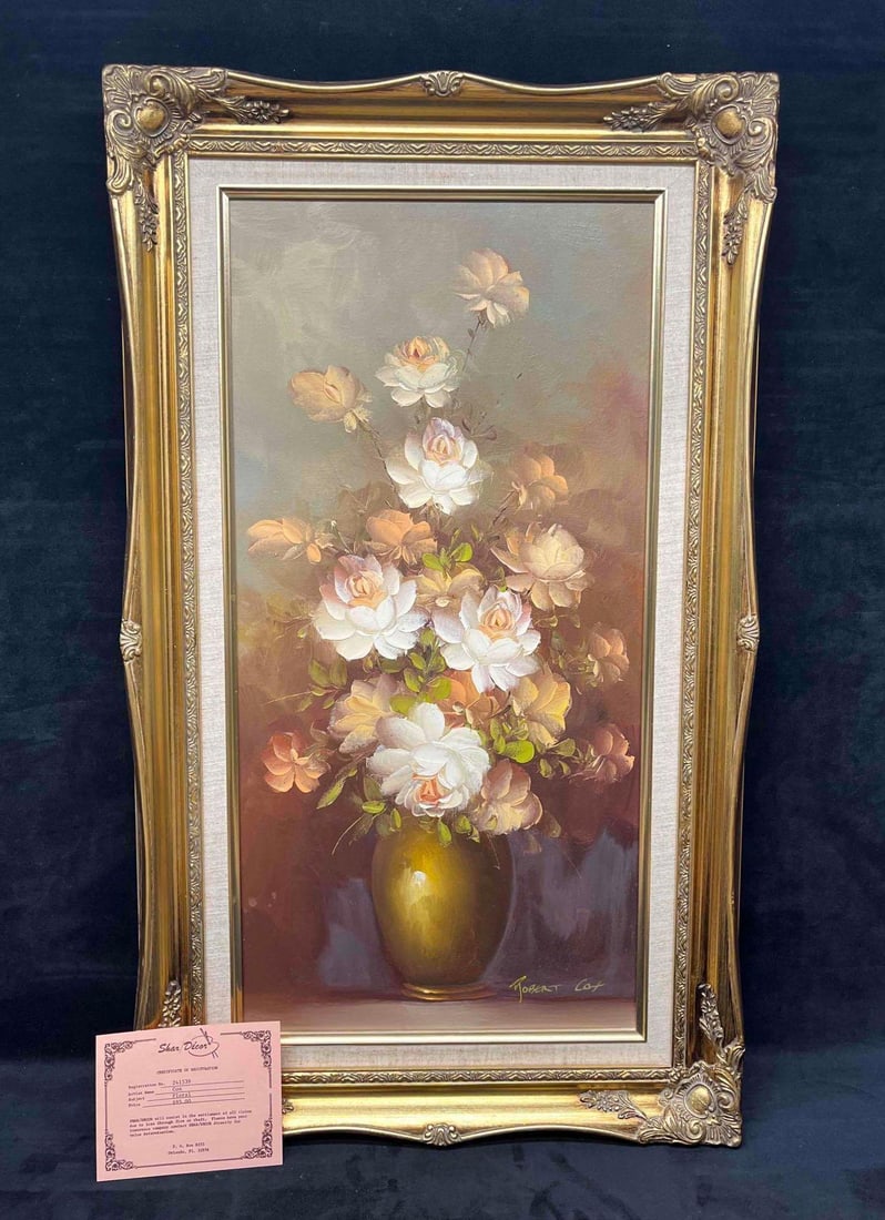 Framed Original Oil On Canvas Floral By Robert Cox With Certificate Of Registration (A): This lot contains a Framed Original Oil On Canvas Floral By Robert Cox With Certificate Of Registration. Regitration no. 241539. The signature is in the lower right corner. The frame is approx 17