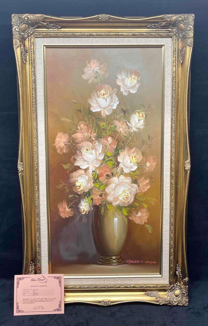 Framed Original Oil On Canvas Floral By Robert Cox With Certificate Of Registration (B): This lot contains a Framed Original Oil On Canvas Floral By Robert Cox With Certificate Of Registration (B). Registration number 241535. The frame is approx 17 1/4" x 1 1/2" x 29 1/4" while the canvas