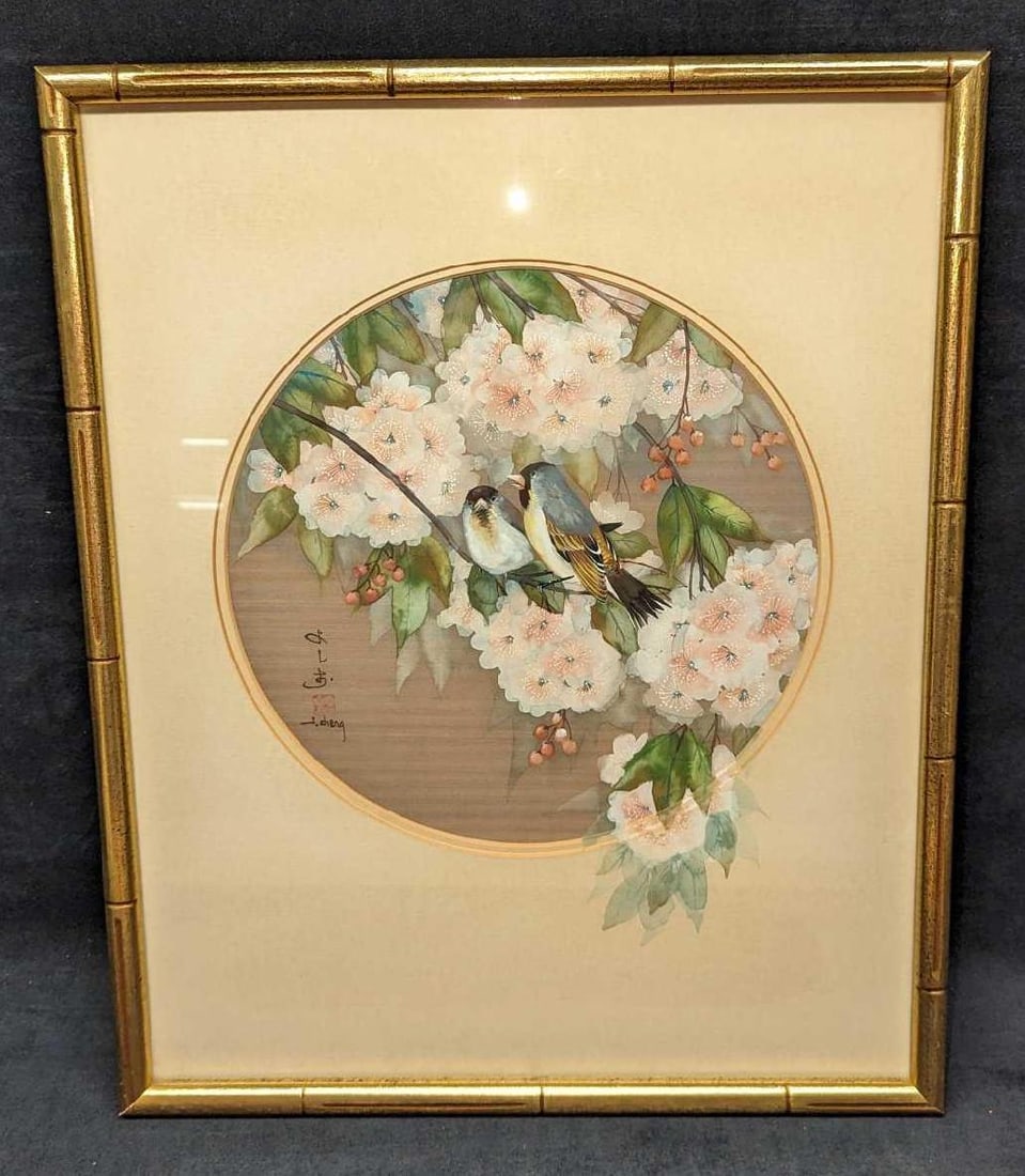 Framed Original John Cheng Watercolor On Silk Birds A (1 of 7)
