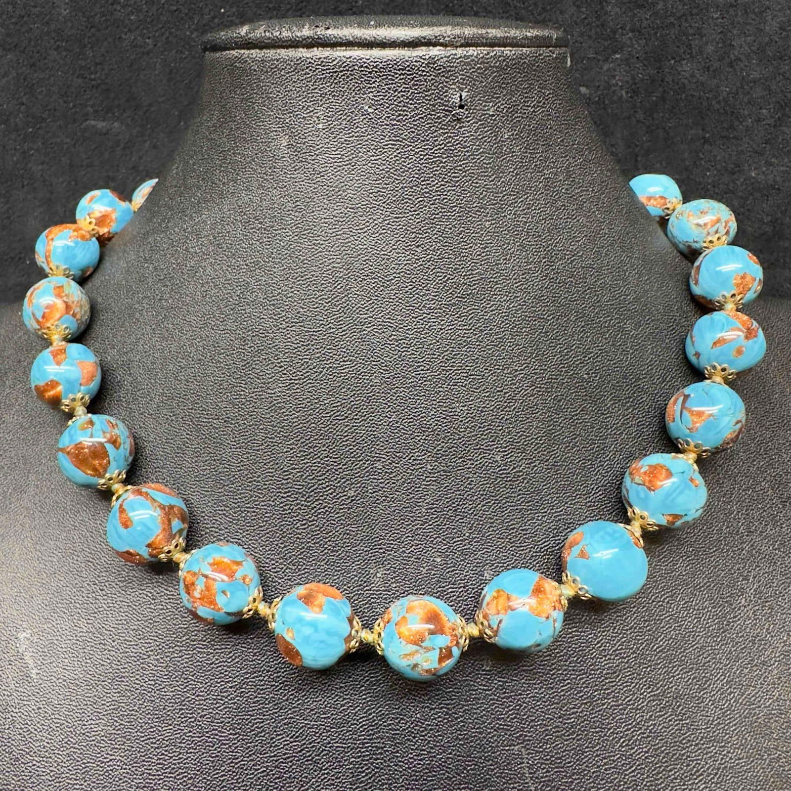 Venetian Murano Glass Lamp Work Blue Copper Infused Round Bead Necklace (1 of 10)