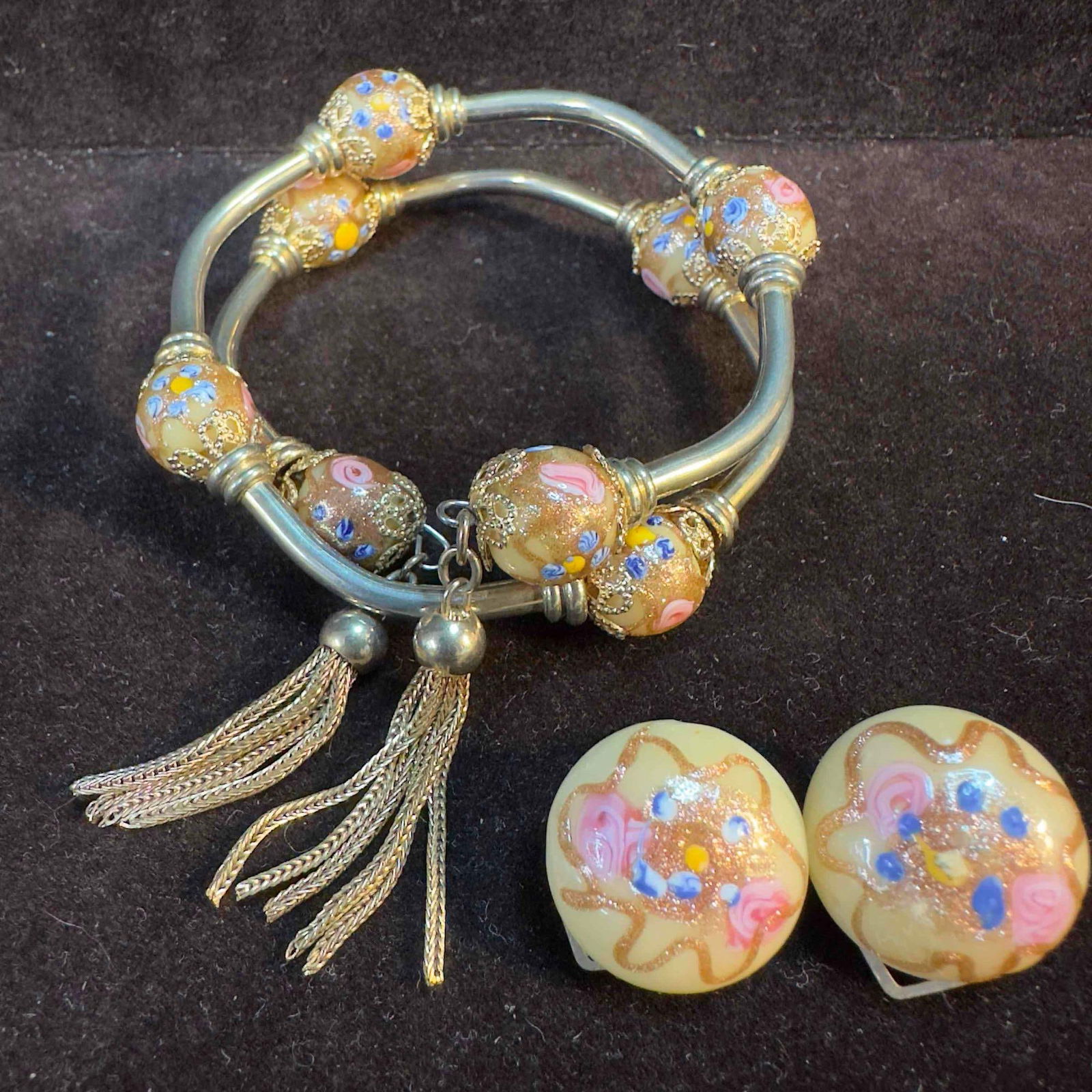 Murano Venetian Lamp Work Glass Cream Colored Round Bead Bracelet Tassel Bangle and Earrings Set (1 of 10)