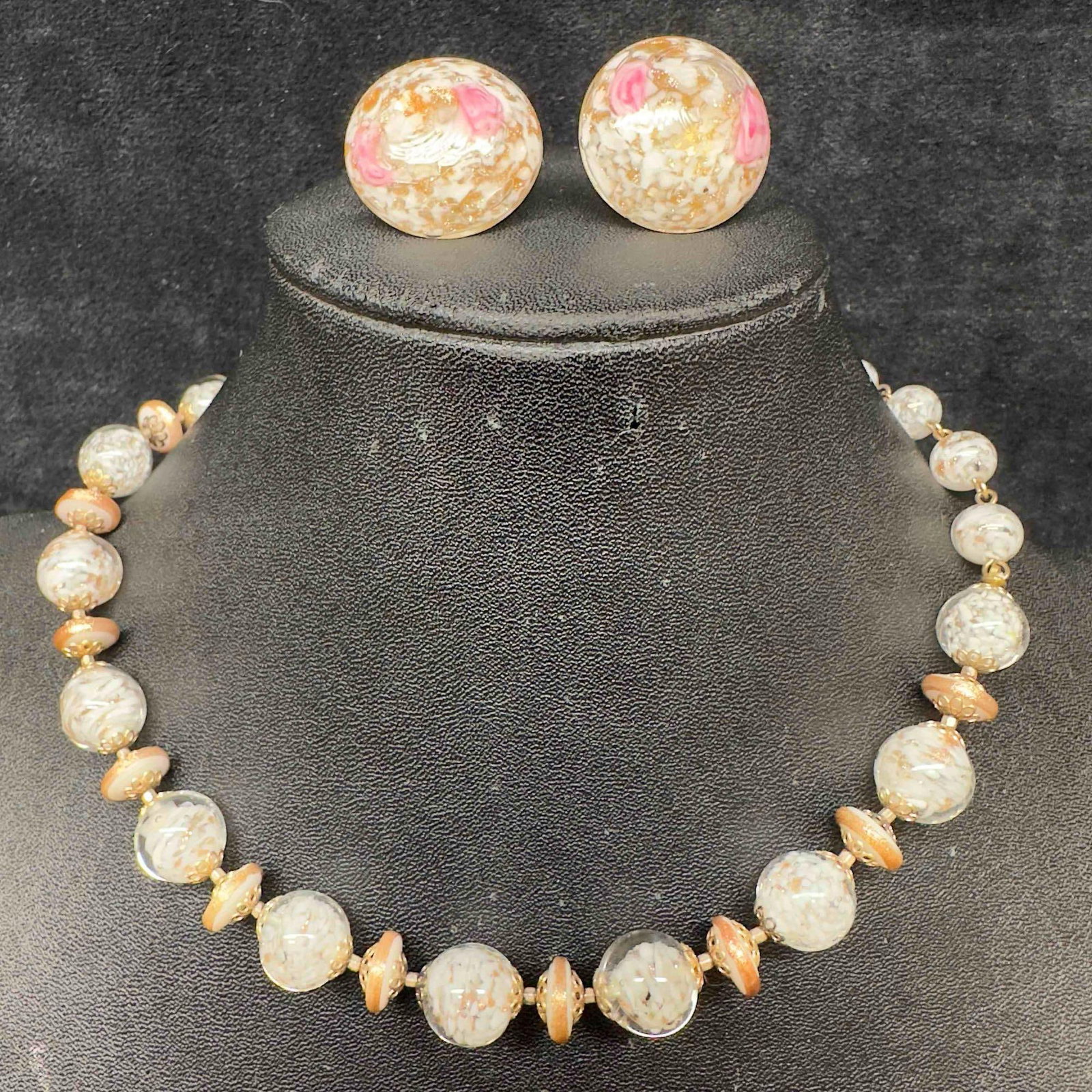 Murano Venetian Lamp Work Glass White Round Bead Necklace and Earrings Set: Murano Venetian Lamp Work Glass White Round Bead Necklace and Earrings Set. Necklace and earrings with white colored glass beads with beautiful hand painted designs on each. The necklace and earrings 