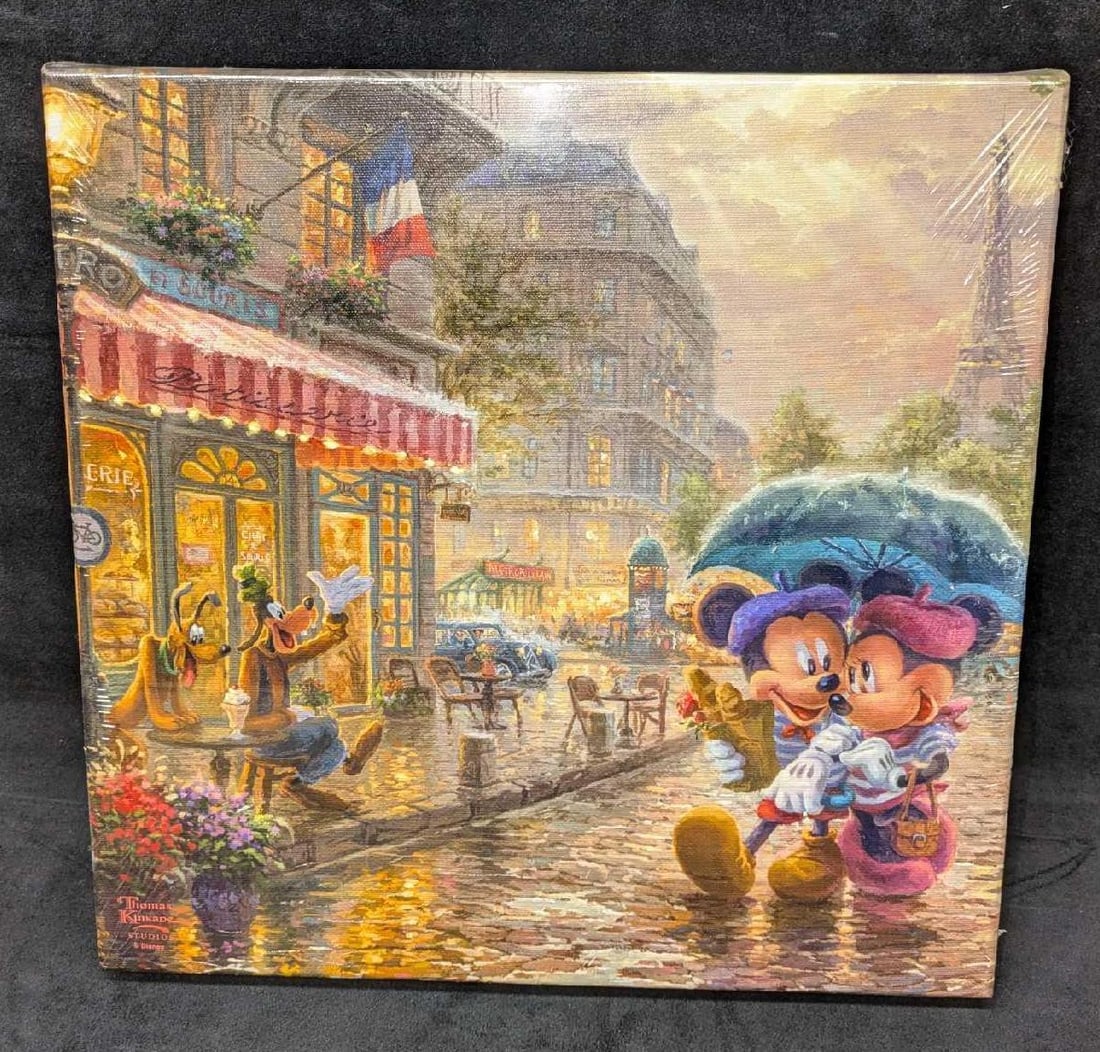 Sealed Kinkade Studios Disney Mickey & Minnie In Paris Canvas: Sealed Kinkade Studios Disney Mickey & Minnie In Paris Canvas. This open edition print on wrapped canvas is approx 13 7/8" x 1 1/2" x 13 7/8" and it weighs 1.07lb. Please note, the signature on the bo