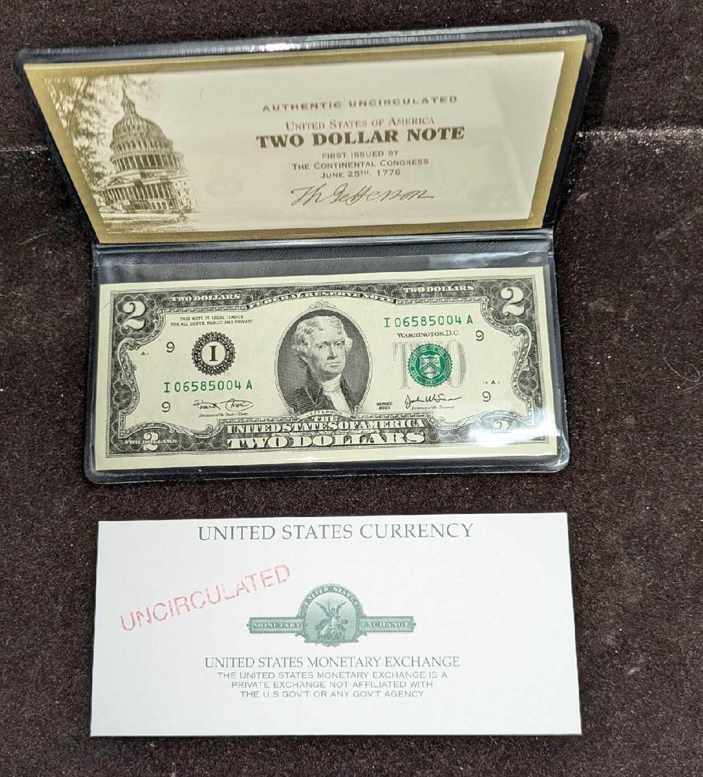 7 $2 World Reserve Certified Monetary Exchange Uncirculated Notes In Cases B (1 of 9)