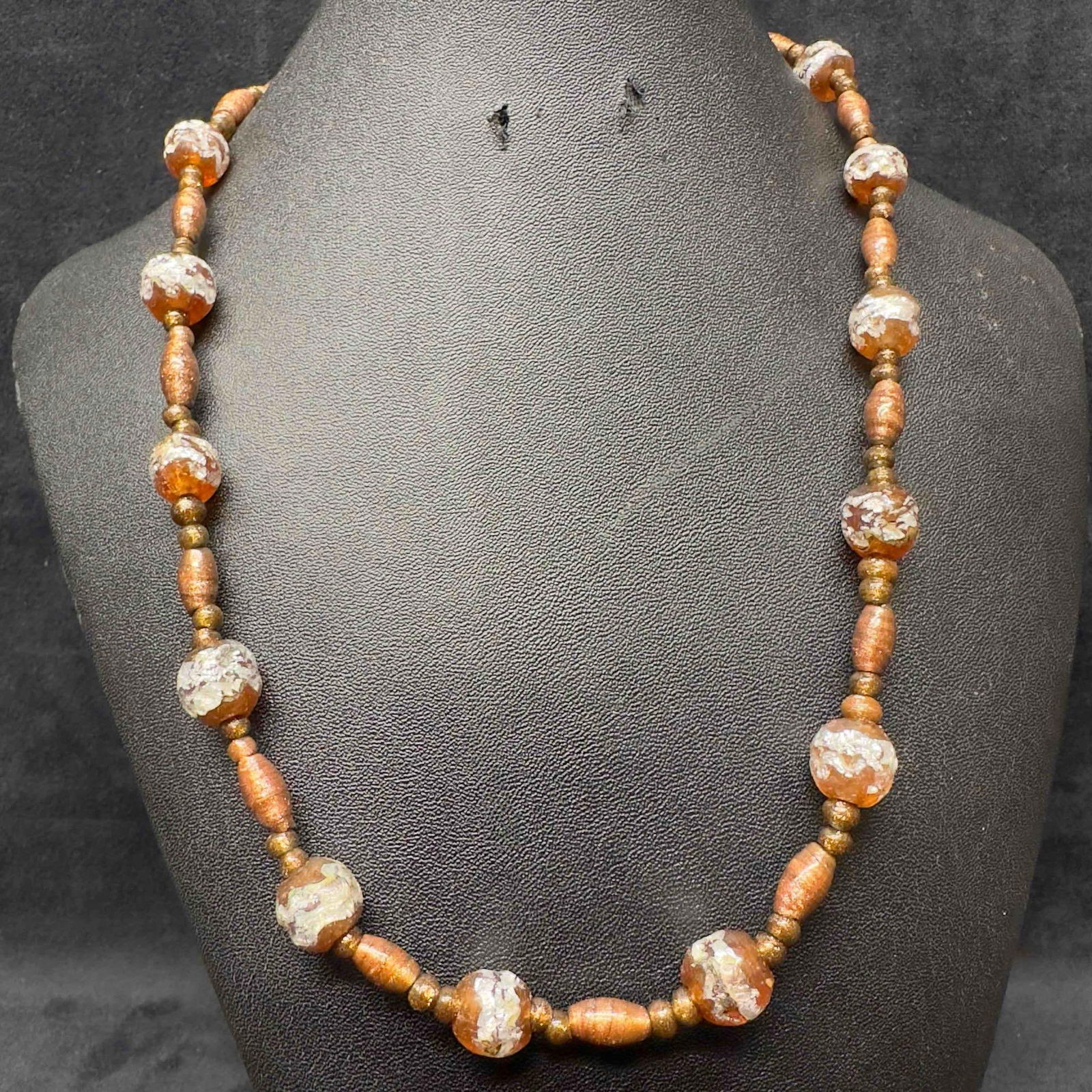 Venetian Murano Lamp Work Glass Art Brown Copper Silver Accent Beaded Necklace E79 (1 of 8)