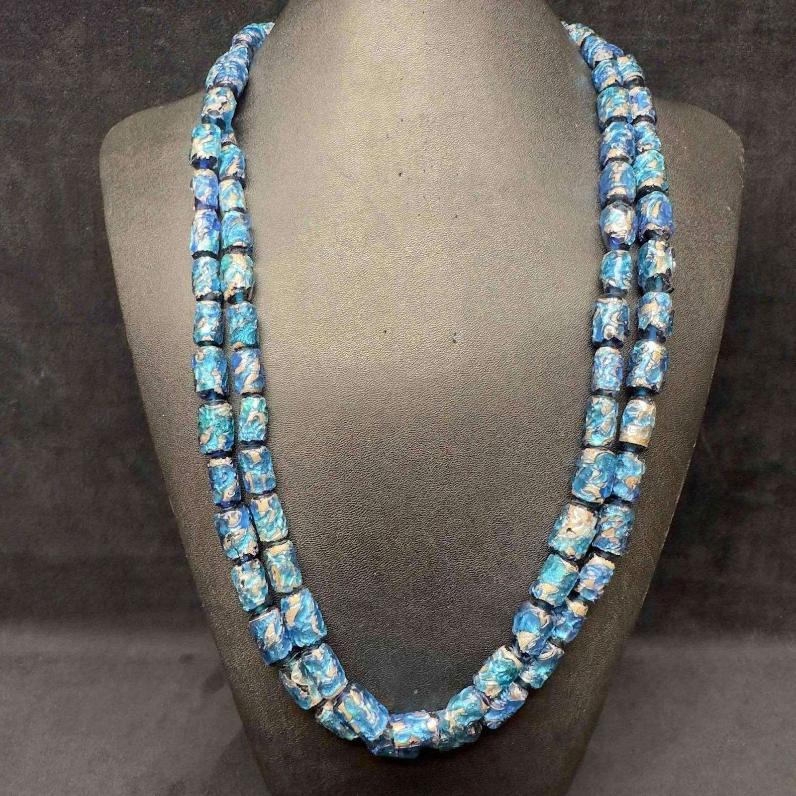 Venetian Murano Lamp Work Glass Art Blue Beaded Long Necklace E80 (1 of 12)