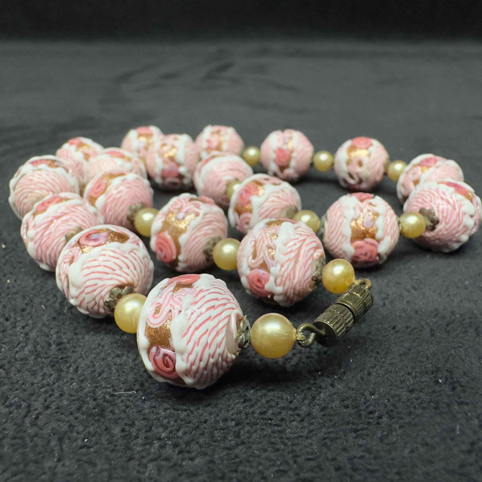 Murano Venetian Glass Lamp Work Floral Bead Pink Flower Beaded Necklace A79 (1 of 9)