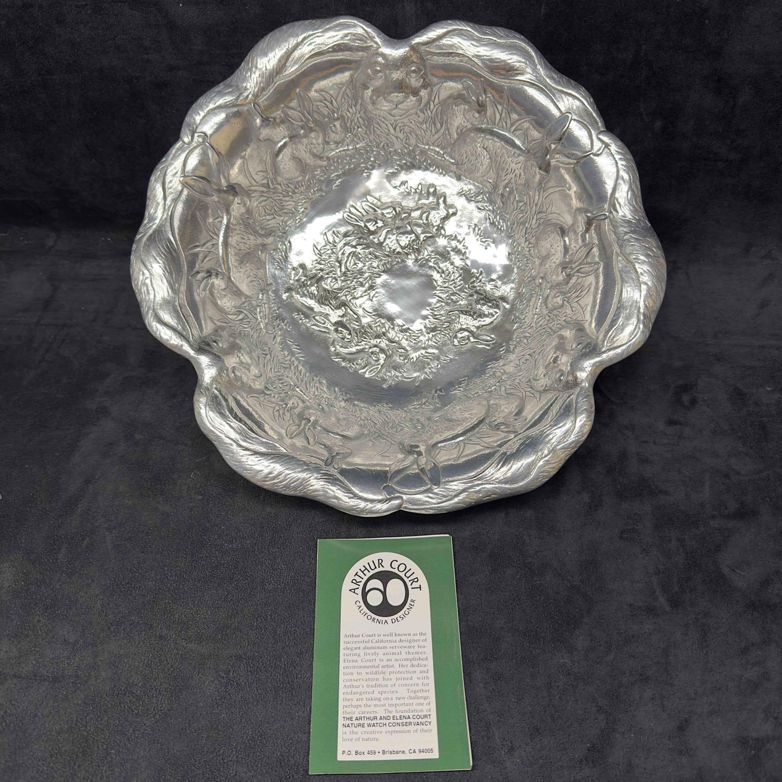Arthur Court Cast Aluminum Serveware Rabbit Bunny Large Serving Bowl: Arthur Court Cast Aluminum Serveware Rabbit Bunny Large Serving Bowl. Etched markings on the bottom of the piece Arthur Court 1993. Serving platter bowl included features a rabbits and bunnies design.
