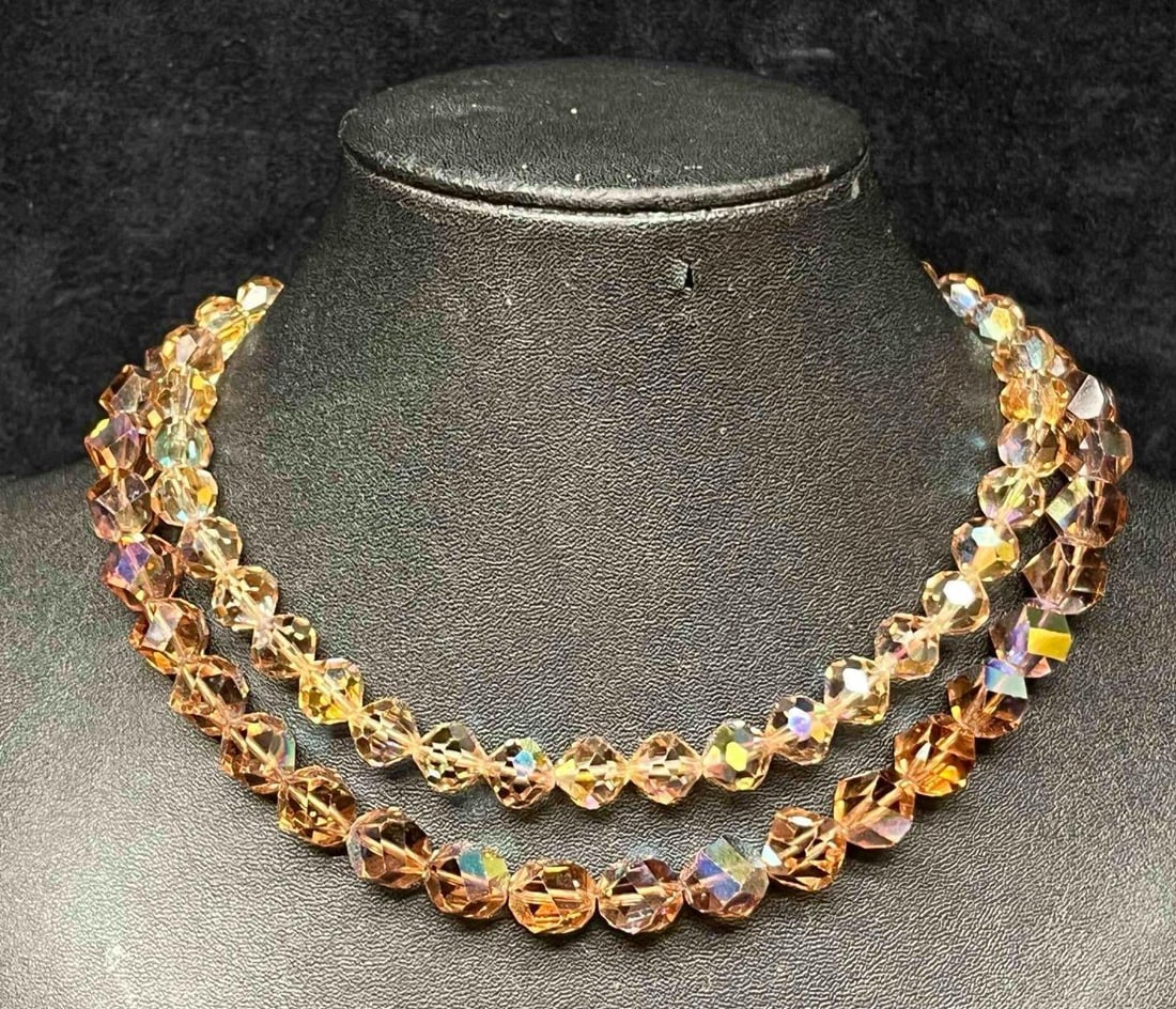Signed Vintage Coro Craft Iridescent Beaded Double Strand Necklace: This lot contains a Signed Vintage Coro Craft Iridescent Beaded Double Strand Necklace. It is approx 7 3/4" long when clasped.Total weight is 3.8oz. Overall the Coro Craft Necklace is in excellent pre