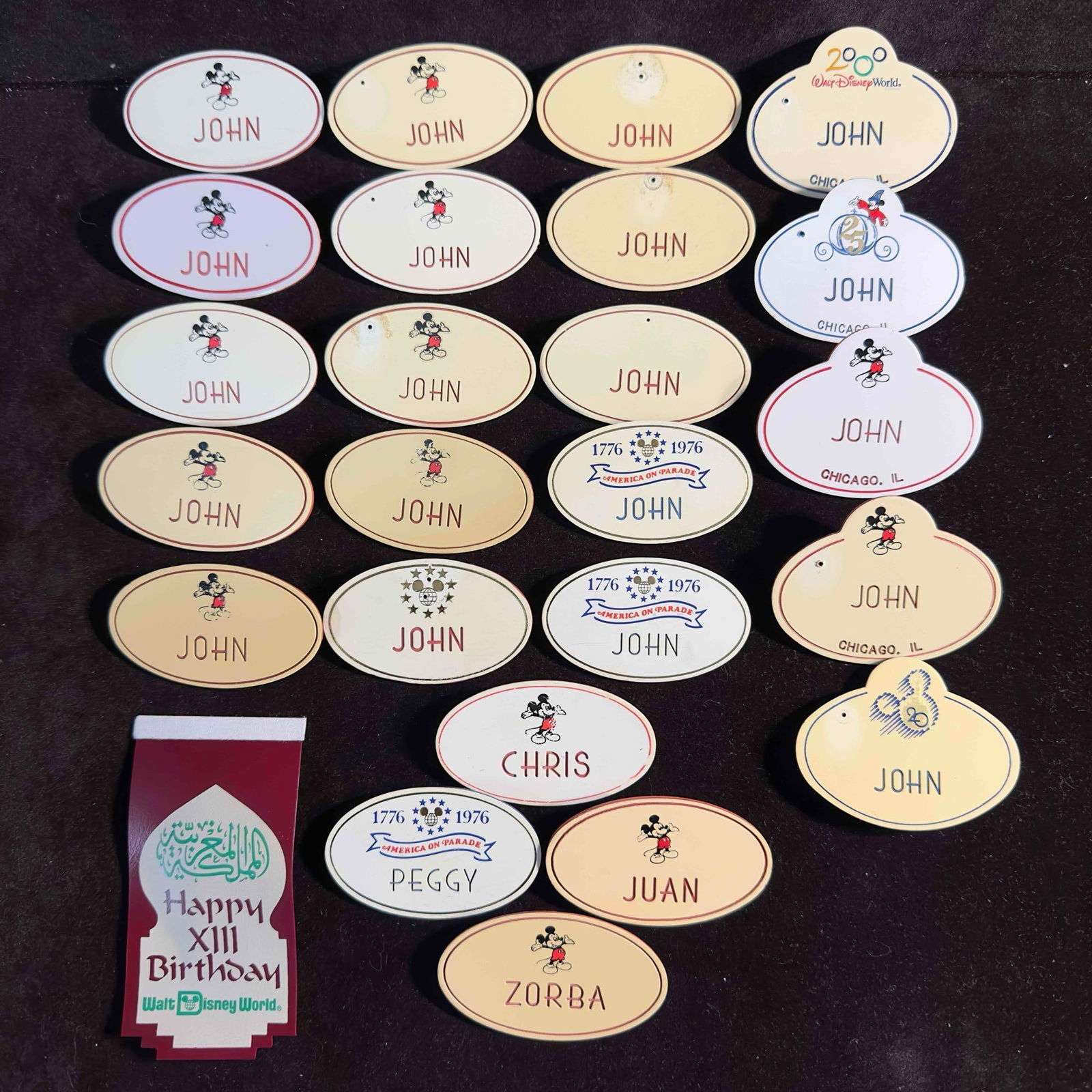 Vintage Disney Cast Member Name Tag Badge Ribbon Set Collection Lot of 25 John Chris Juan Peggy (1 of 8)