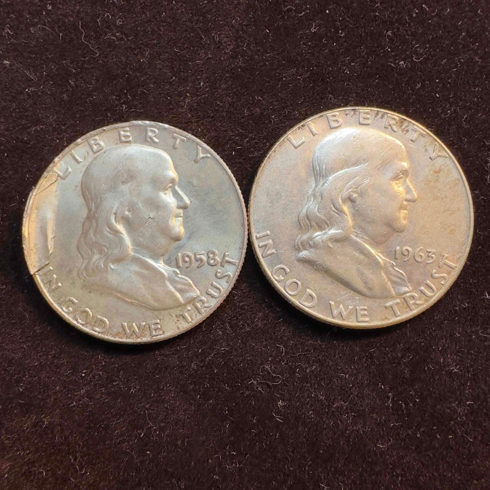 Set of Two Silver Coins 1958 1963 Franklin Half Dollars Coin Collection (1 of 6)