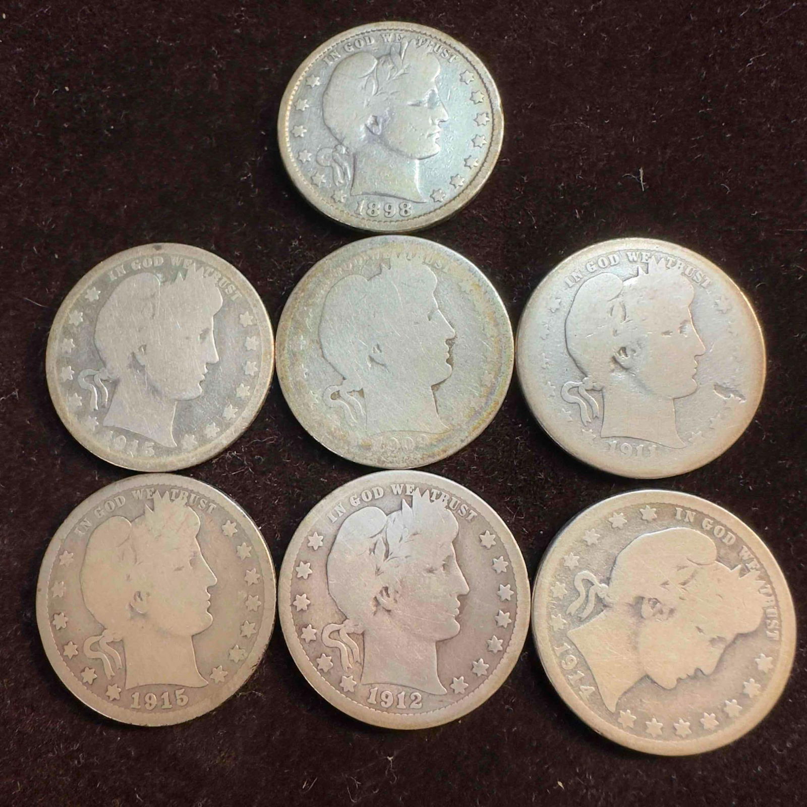 Set of Seven Silver Coins Barber Quarters Coin Collection (1 of 4)