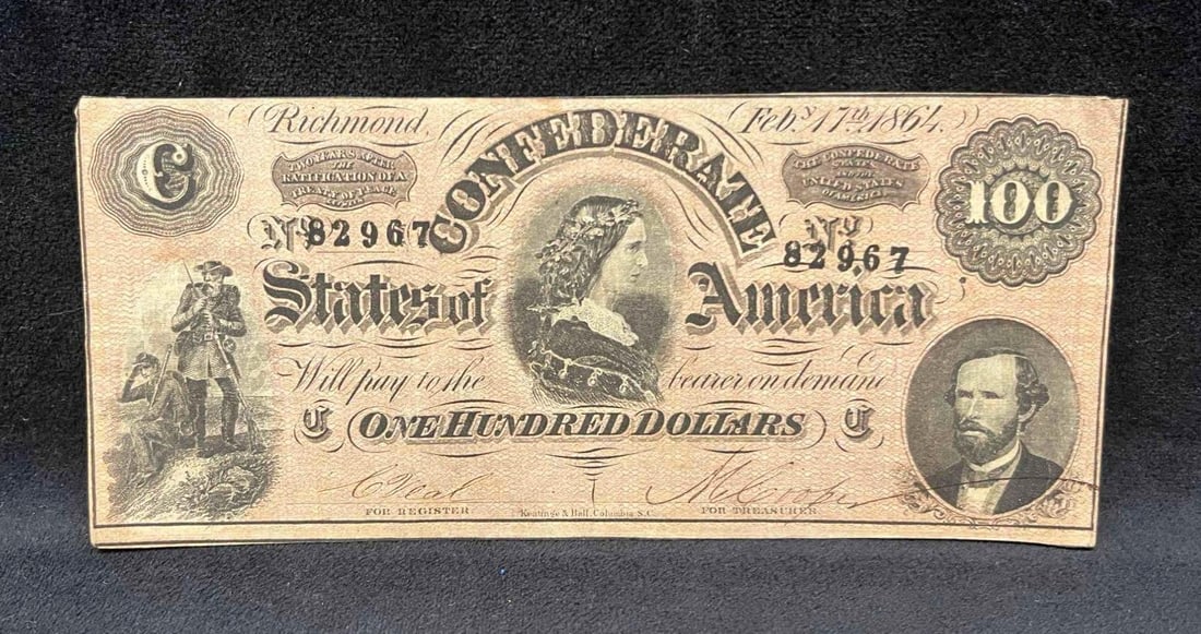 1864 $100 Confederate States Of America Richmond Currency Note - Lucy Holcombe Pickens (C) (1 of 10)
