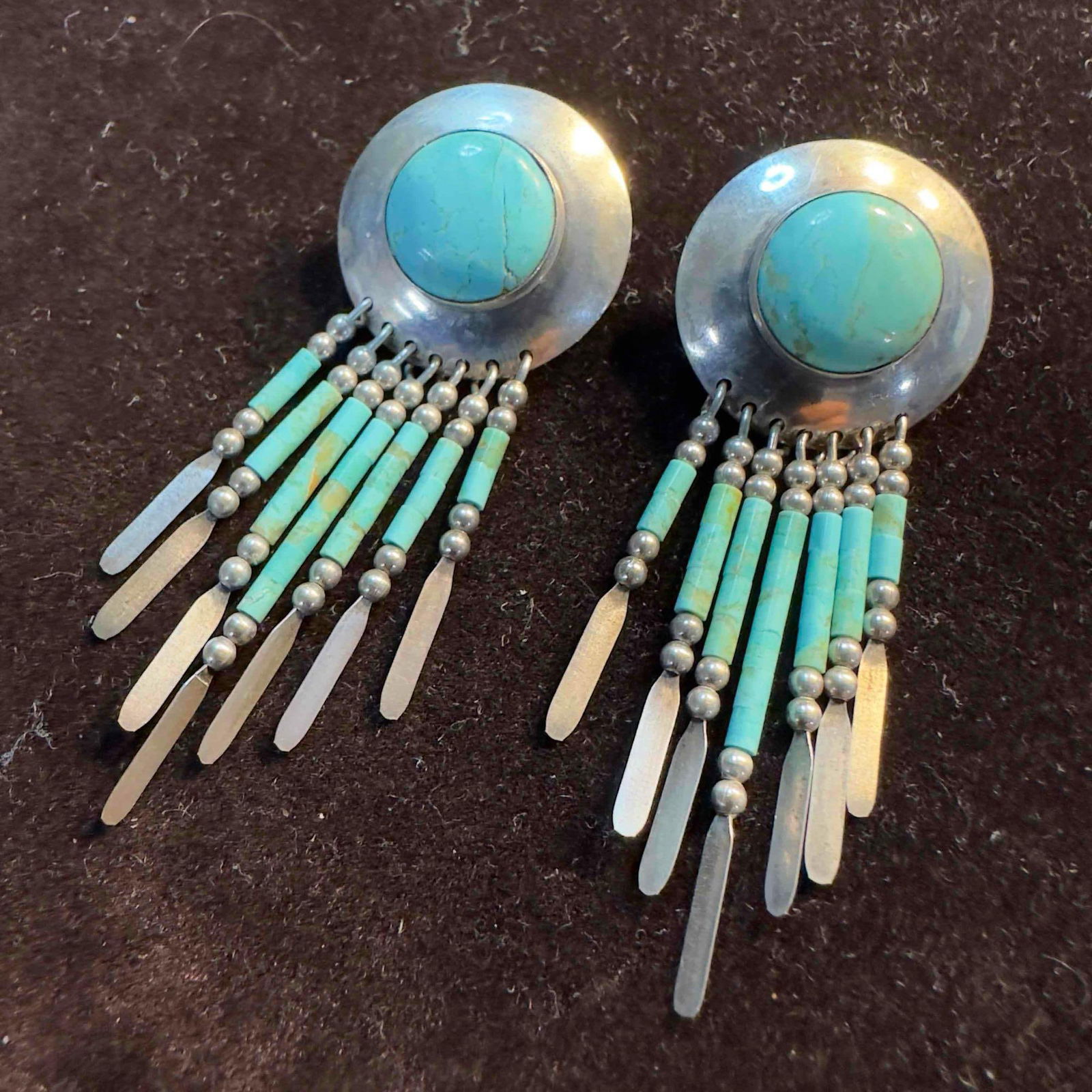 Native American Southwestern Style Turquoise Round Dangle Accent Sterling Silver Earrings (1 of 7)