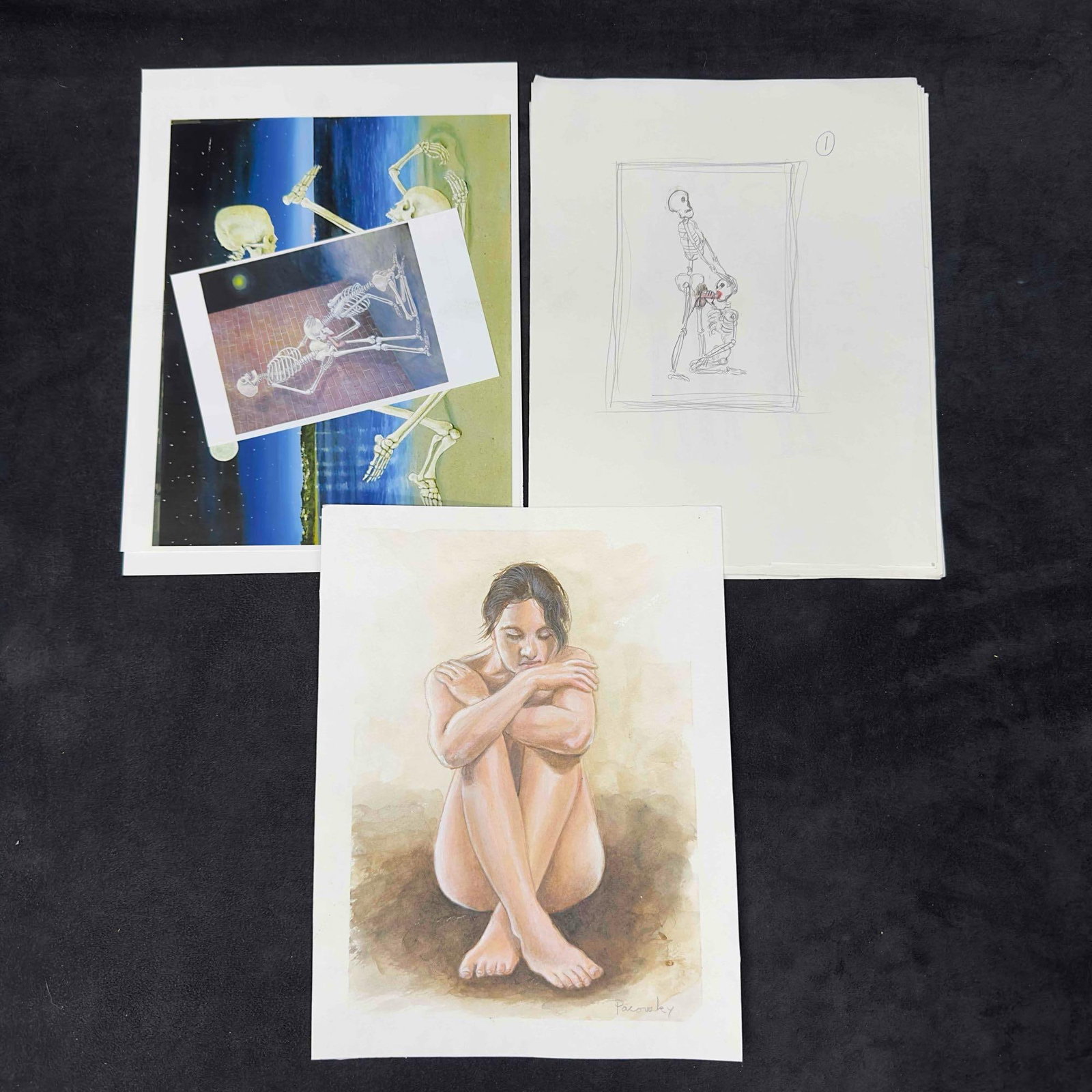 Original Sketch Drawings Prints Sex After Death Nude Erotic John Pacovsky Artwork Set: Original Sketch Drawings Prints Sex After Death John Pacovsky Artwork Set. John Pacovsky sketches surrealist erotic skeleton drawings featuring skeletons in various sex scene artwork. Also included is
