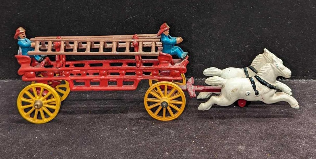 Vintage Cast Iron Horse Drawn Fire Truck Wagon J: Vintage Cast Iron Horse Drawn Fire Truck Wagon J. The horse with wheels is approx 8" x 2 5/8" x 3" and it weighs 1.22lb. The fire wagon is approx 9" x 2 1/2" x 5" and it weighs 1.70lb. Both have some 