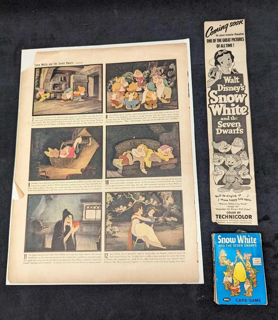 Walt Disney Productions Snow White Memorabilia: Walt Disney Productions Snow White Memorabilia. This is a lot of four vintage Snow White memorabilia from the late 1900s. They are in good vintage condition with some known scuffs, foxing, and tears. 