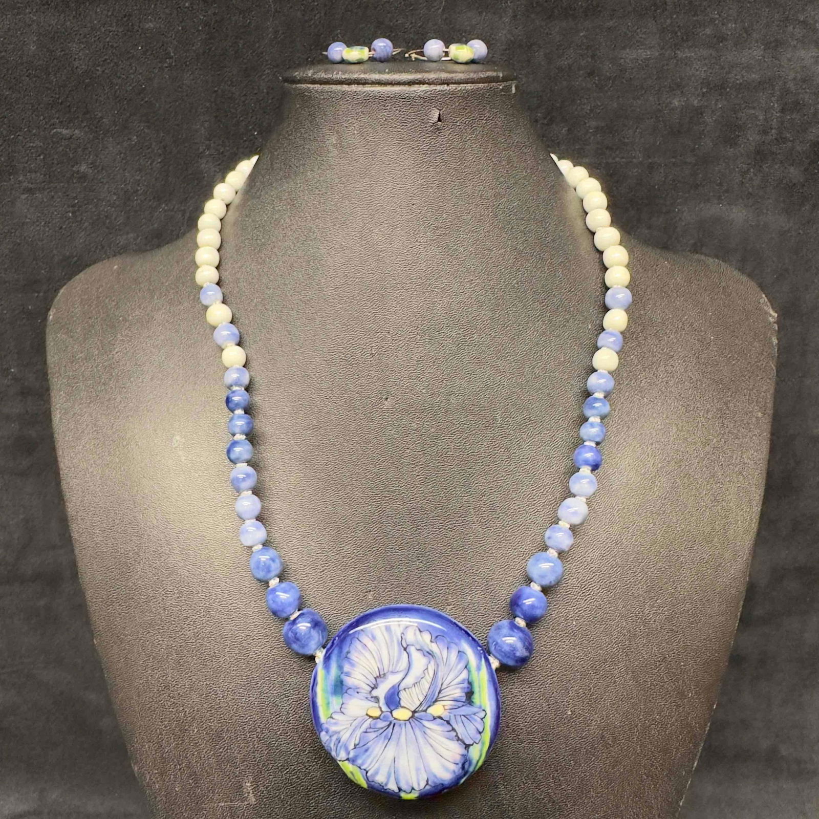 Porcelain Blue Flower Hand Painted Pendant Beaded Necklace and Bead Earrings Set Signed B (1 of 12)