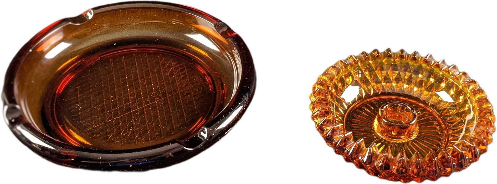 Two Vintage Amber Glass Ashtray Candle Holder: This lot includes: (1) Amber Glass Ashtray. This is approx 8" x 8" x 1". Has some wear & scratches on the bottom. (1) Amber Glass Candle Holder. Is approx 5" x 5" x 1". Ha