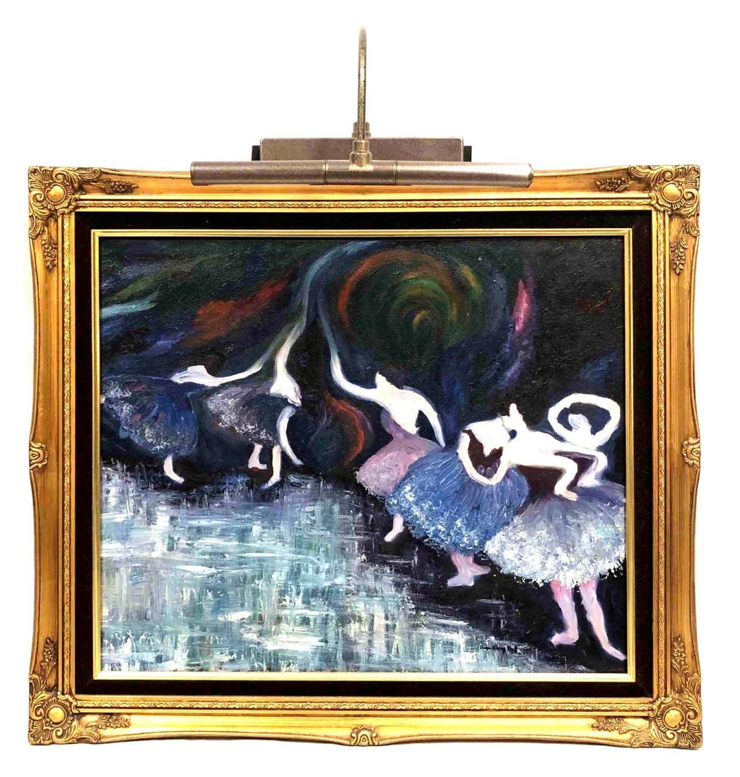 Original Acrylic On Canvas By Diane Dull: This lot contains an original acrylic on canvas by Diane Dull. The title of the artwork is unknown however the scene depicts a beautiful display of abstract ballerinas. The frame is approx 25 1/2" x 2