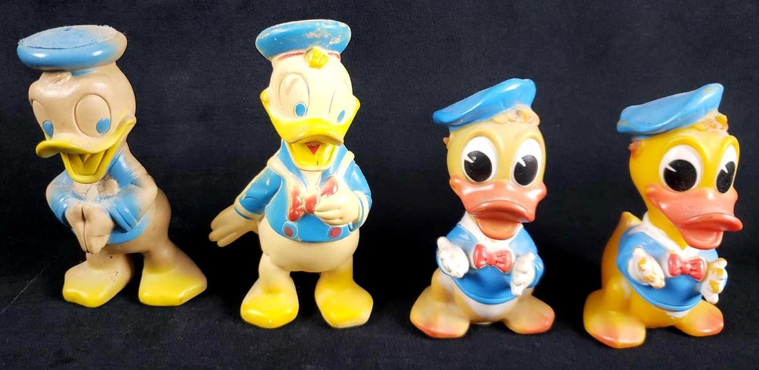 Lot of 4 Vintage Squeaking Donald Duck Rubber Ducks: Lot of 4 Vintage Squeaking Donald Duck Rubber Ducks. This lot of rare Donald Duck vintage rubber ducks is in overall good to fair used condition. The items in this lot show various signs of age/wear s
