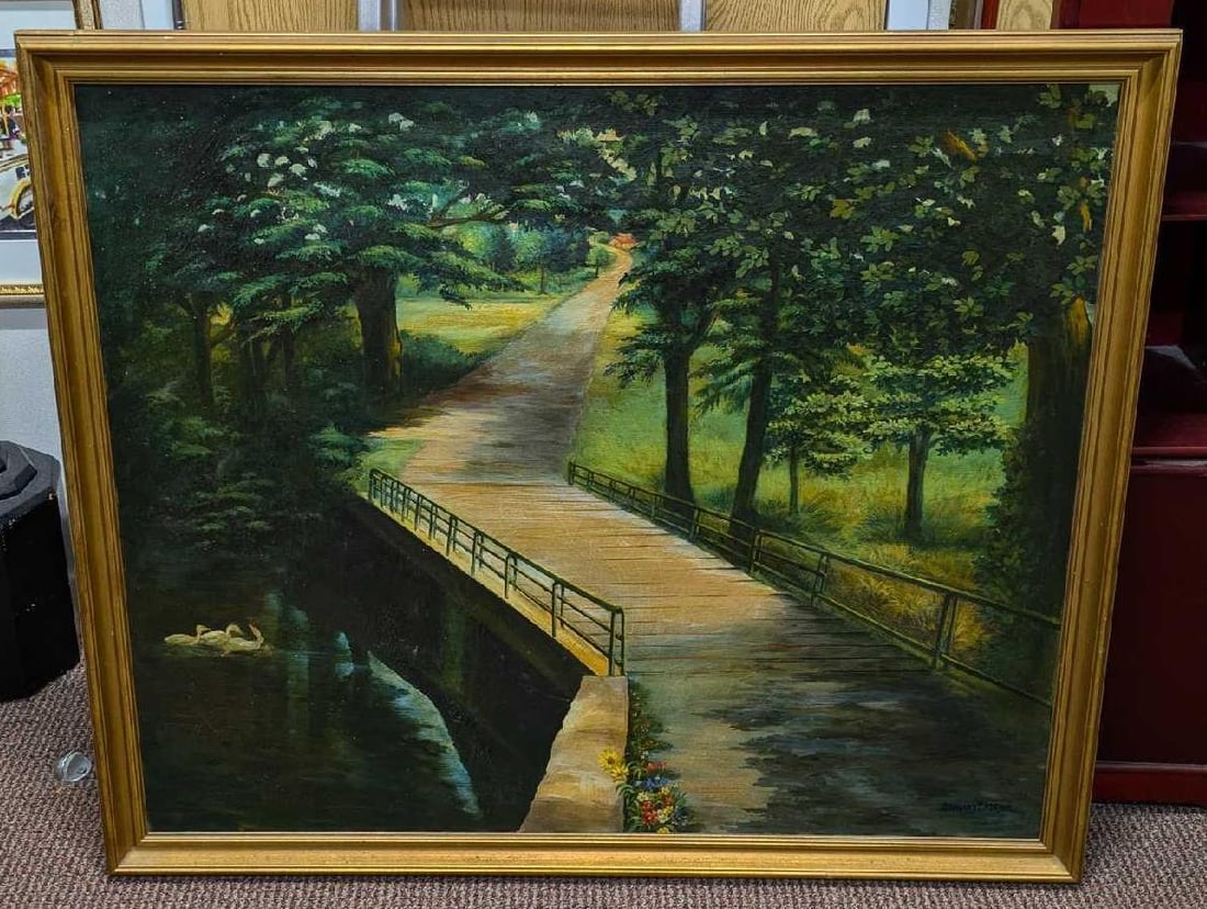 Vintage Stanley S Mayer Oil On Canvas Forest Bridge: Vintage Stanley S Mayer Oil On Canvas Forest Bridge.This is approx 43 3/4" x 1 1/4" x 37 1/2" and it weighs 8.30lbs.The frame has some markings and chips. There is also some tape on the back hold