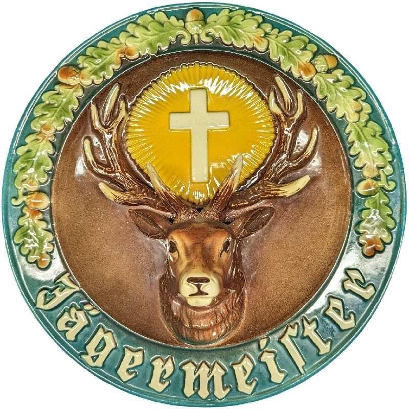 Vintage Jägermeister Keramik Ransbach Wall Art: Vintage Jägermeister Keramik Ransbach Wall Art. Made of hand-painted ceramic. This is approx 11" x 4 1/2" x 11" and it weighs 2.12 lbs. Is in good, vintage condition with no chips or cracks. It
