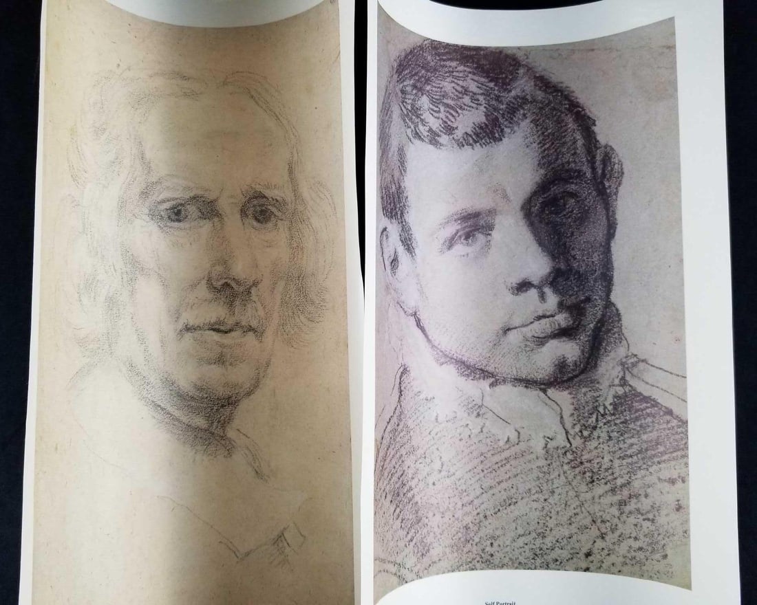 Self Portrait Prints of Giovanni Lorenzo Bernini and Annibale Carracci Published by Royal Library: These two Self Portraits are published and reproduced by the Royal Library, Windsor Castle on some type of cardstock paper. The Image on the left is by Giovanni Lorenzo Bernini (1598-1680); pencil on