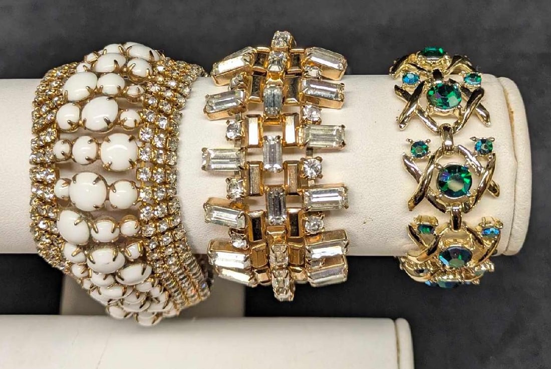 Vintage Coro And Unsigned Rhinestones Milk Glass Bracelets Lot Of 3: Vintage Coro And Unsigned Rhinestones Milk Glass Bracelets Lot Of 3. This lot includes: (1) Vintage Unsigned Rhinestone And Milk Glass Gold Tone Bracelet. This is approx 1 1/2" x 8 3/4" x 1/4