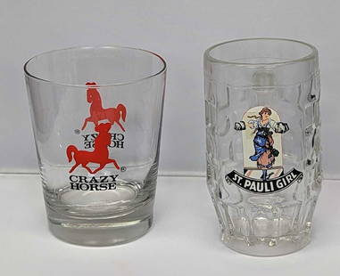 Old Fashioned Crazy Horse Glass & St Pauli Girl Beer Mug: Old Fashioned Crazy Horse Glass & St Pauli Girl Beer Mug. This lot contains: (1) Vintage St Pauli Girl Beer Glass Mug. This is approx 4" x 3" x 5" and it weighs 0.84lb. The mug has so