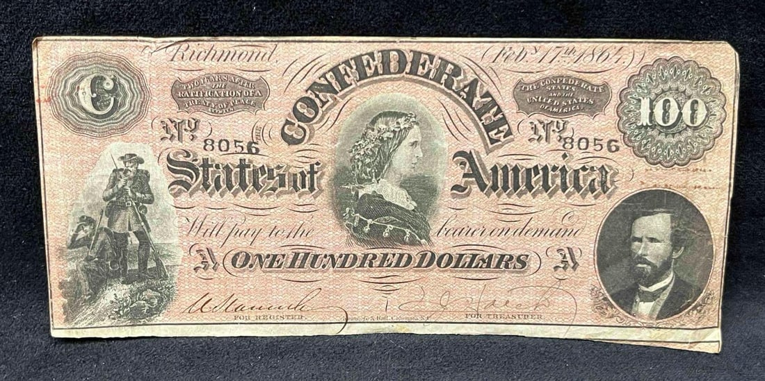 1864 $100 Confederate States Of America Richmond Currency Note - Lucy Holcombe Pickens (B) (1 of 10)