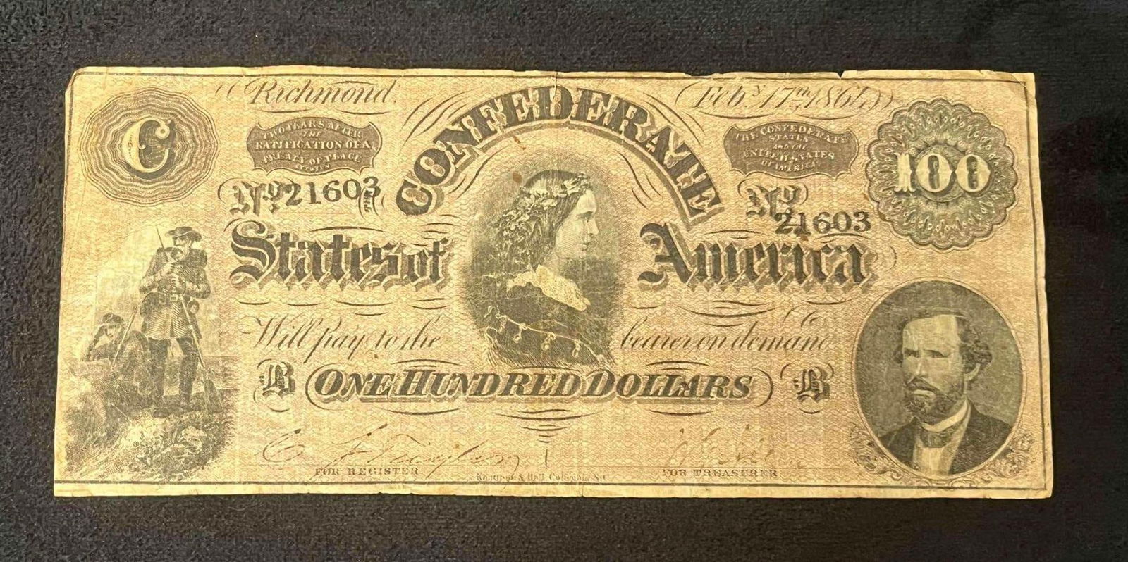 1864 $100 Confederate States Of America Richmond Currency Note - Lucy Holcombe Pickens (A) (1 of 15)