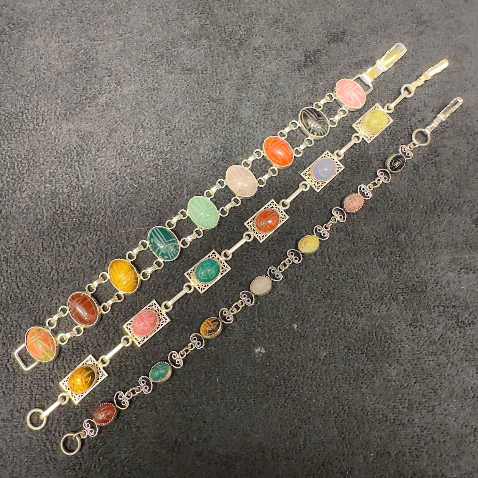 Scarab Beetle Egyptian Hieroglyphs Gemstones Sterling Silver Bracelet Set Lot of Three SI (1 of 10)